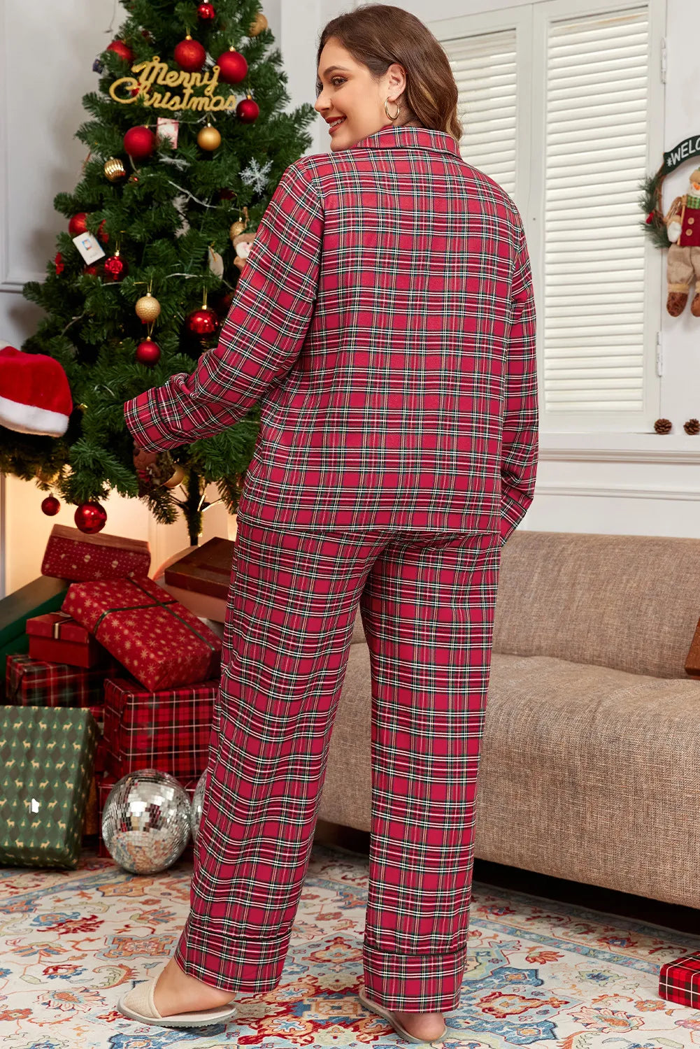 plus size plaid collared neck top and pants lounge set