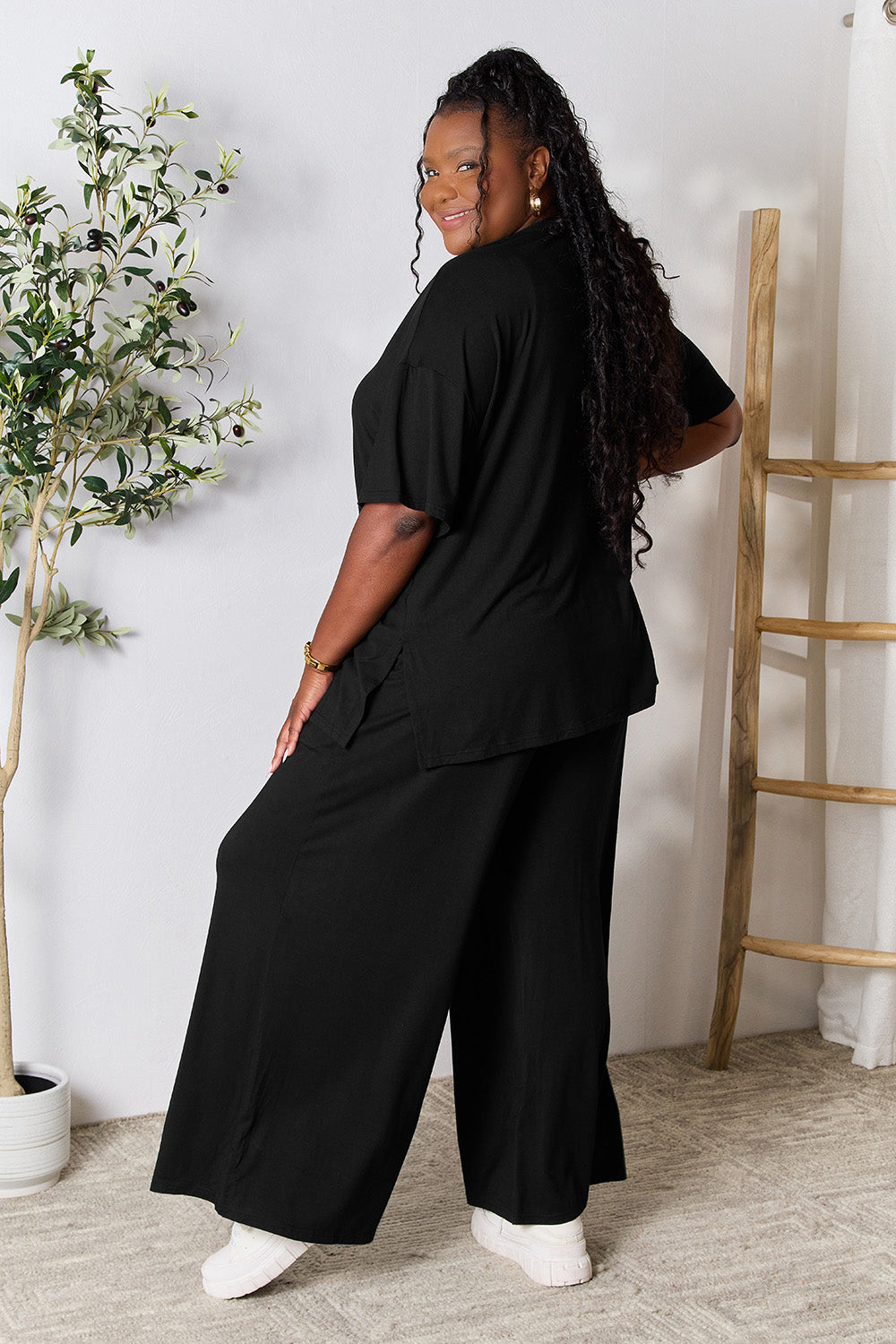 double take full size round neck slit top and pants set