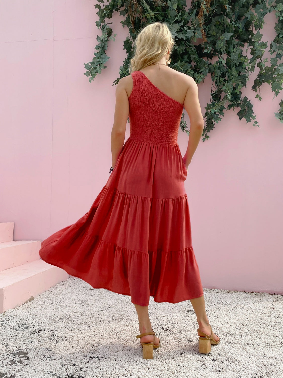 smocked single shoulder sleeveless dress
