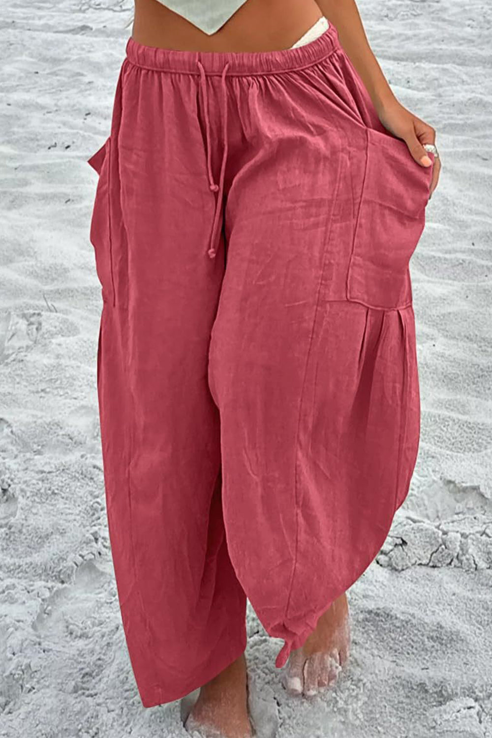 full size pocketed drawstring wide leg pants