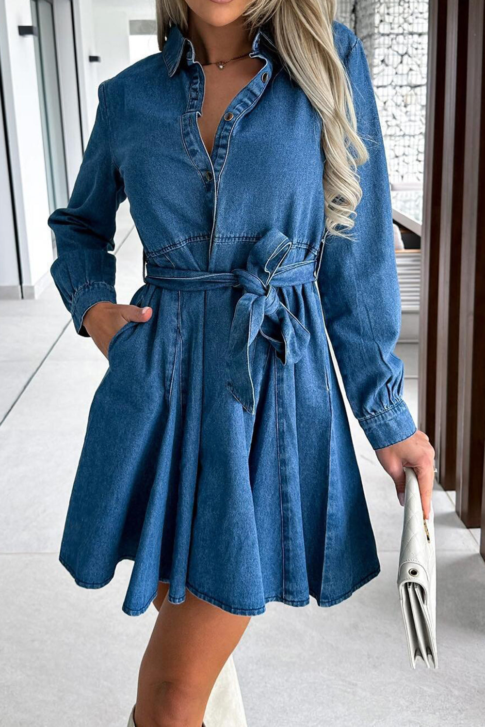 tied half button long sleeve denim dress