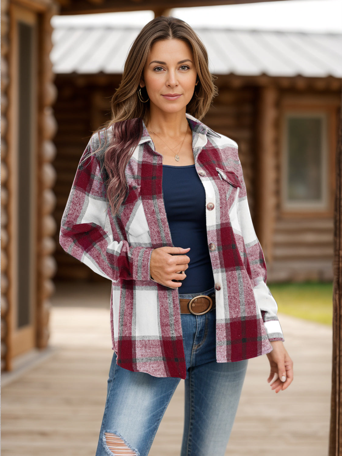 full size pocketed plaid collared neck shacket
