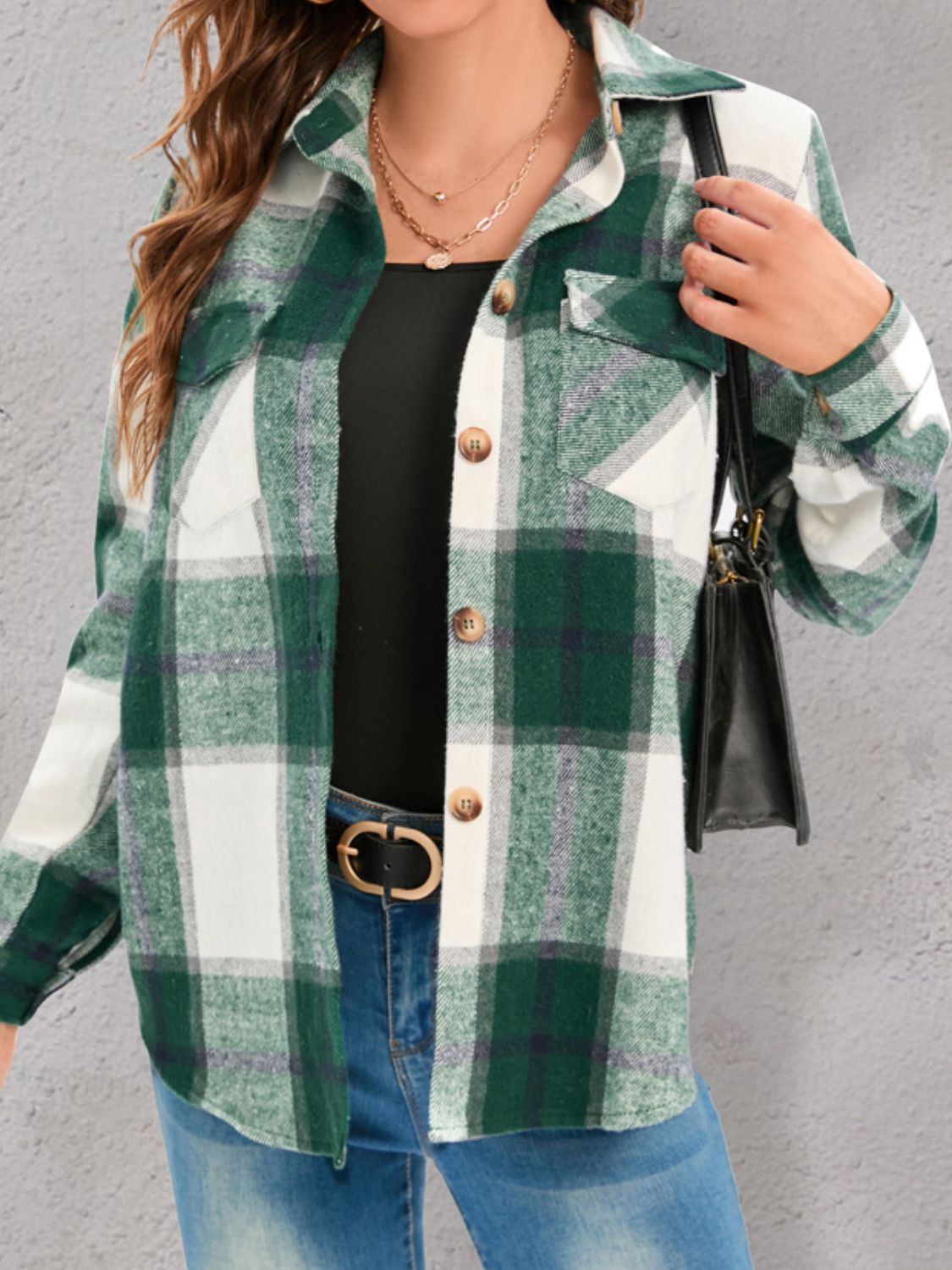 full size pocketed plaid collared neck shacket