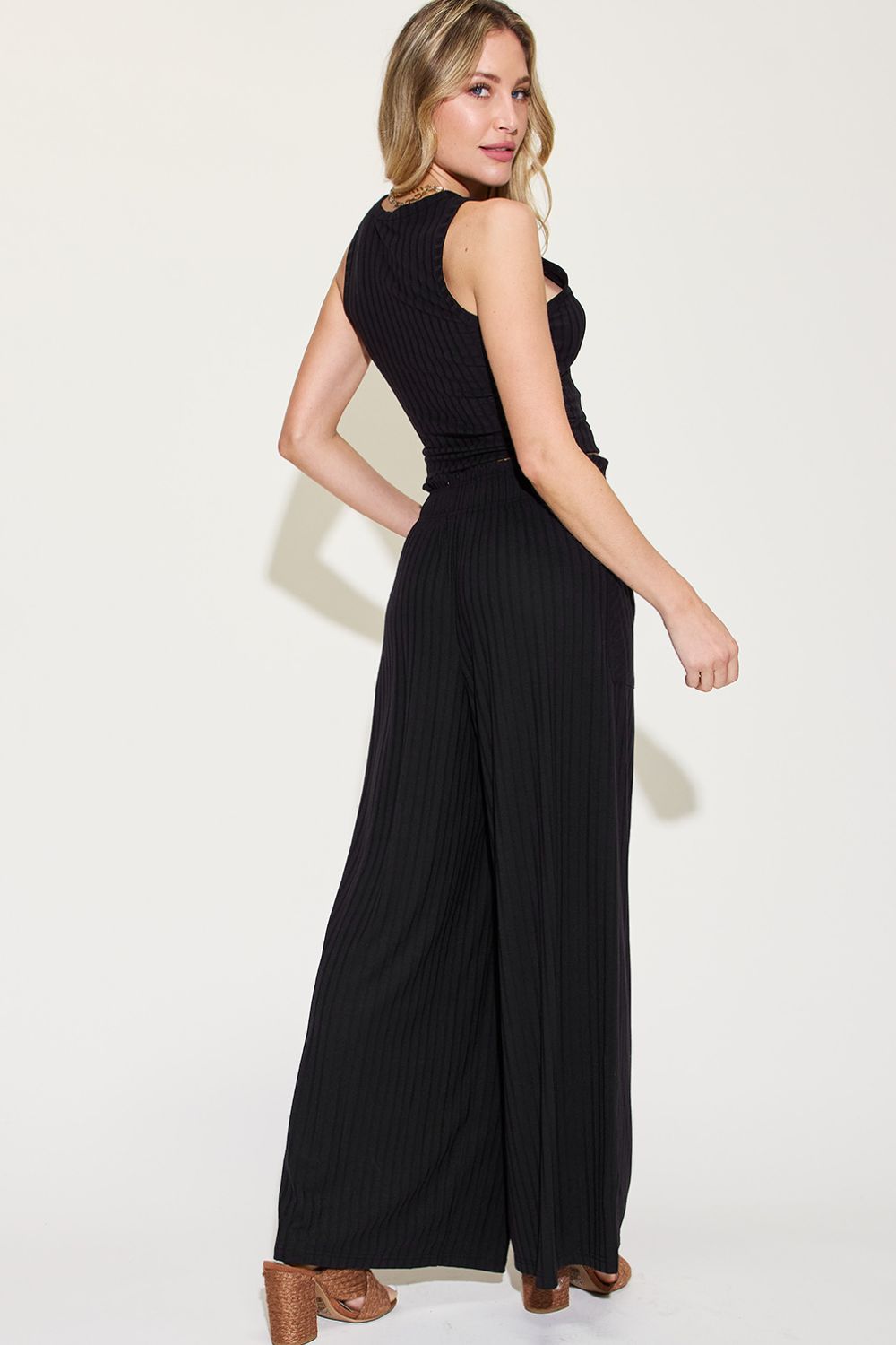 basic bae full size ribbed tank and wide leg pants set