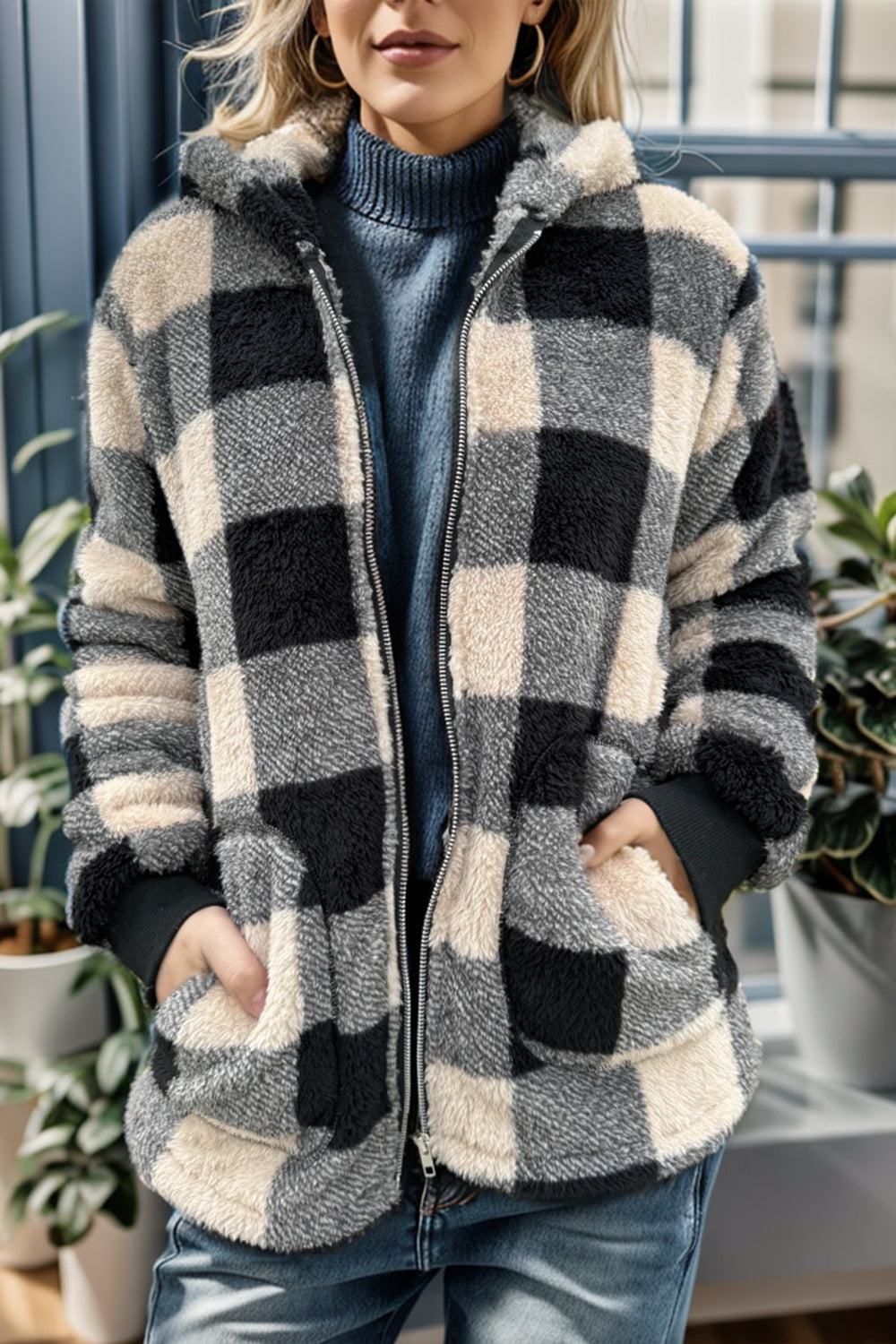 double take full size plaid long sleeve hooded coat