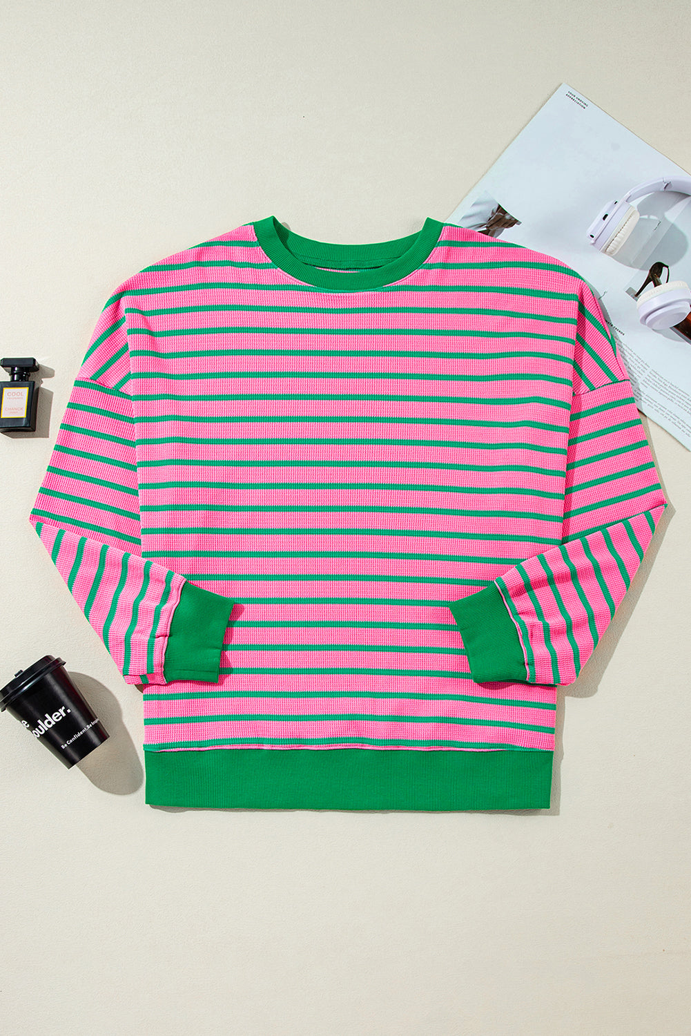 pink stripe waffle knit crew neck plus size sweatshirt