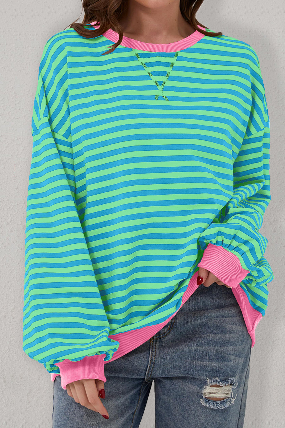 sky blue stripe oversized contrast trim pullover sweatshirt