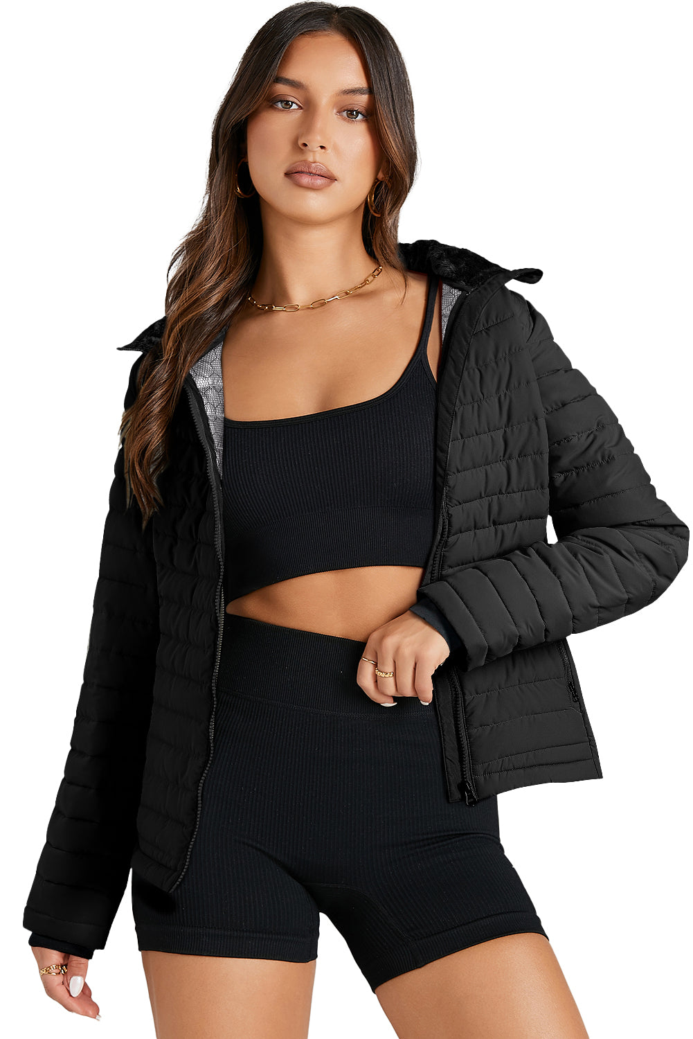 black solid color quilted zip-up puffer jacket