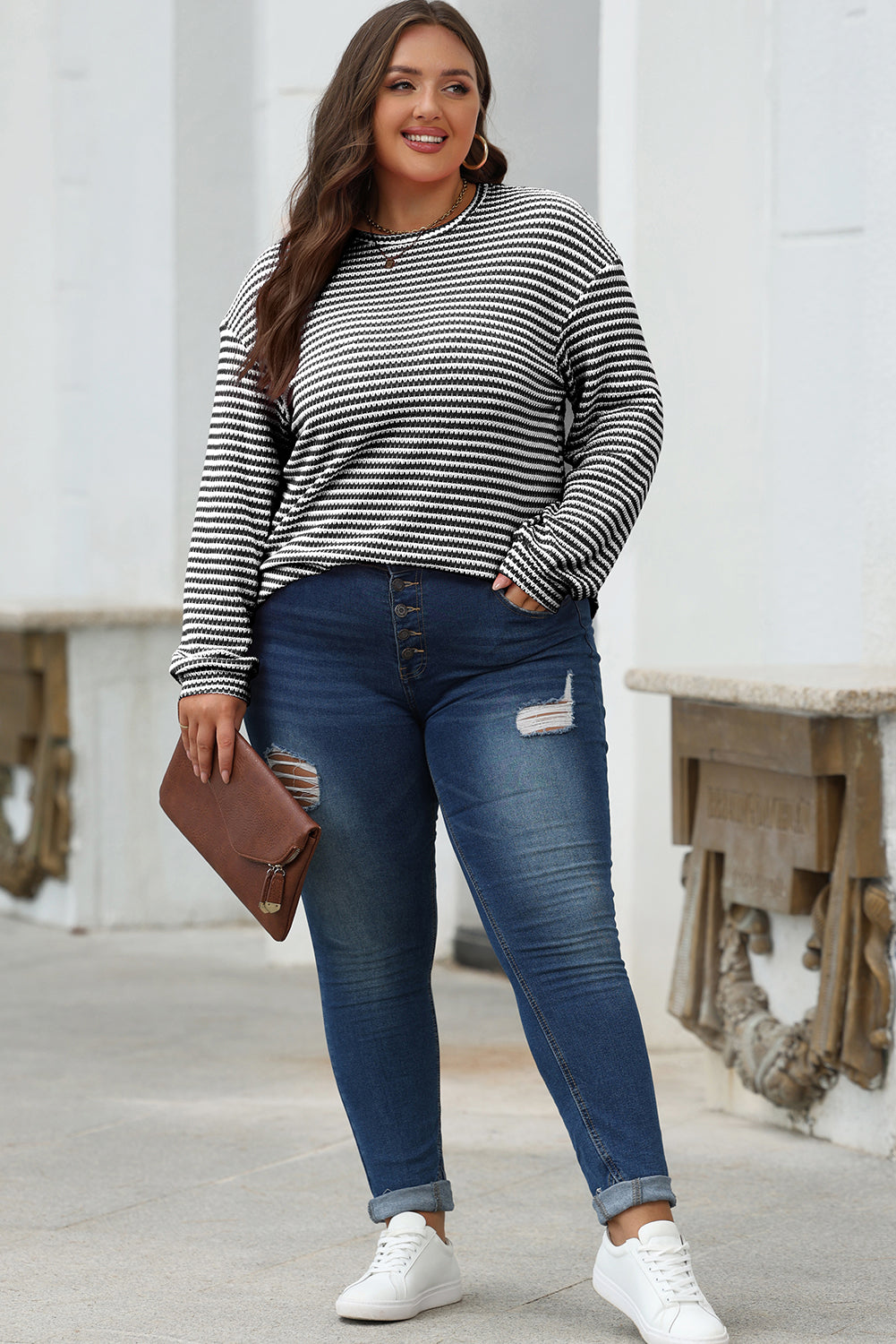 black stripe round neck drop shoulder long sleeve top