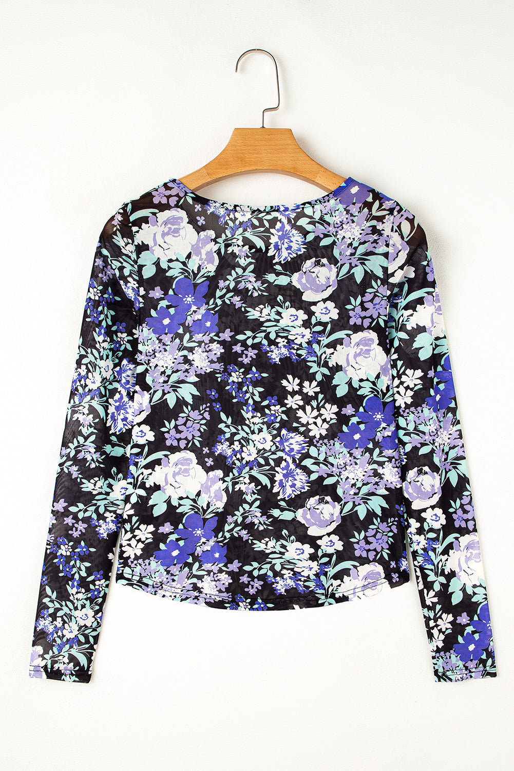 black floral print mesh fitted long sleeve top