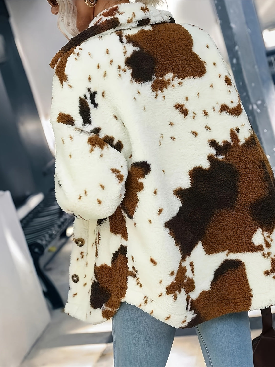 cow print collared neck button up fuzzy jacket