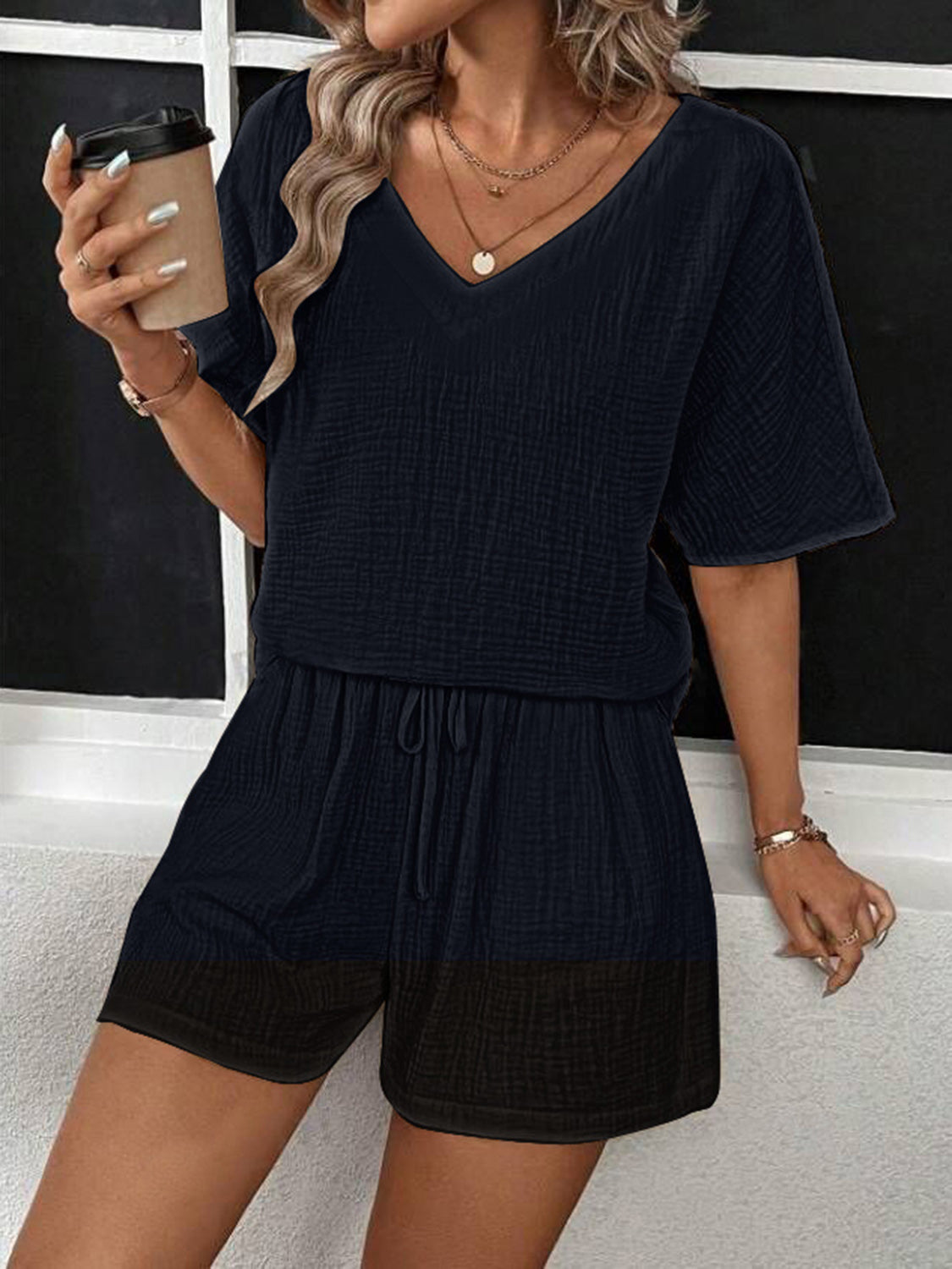 v-neck half sleeve top and shorts set
