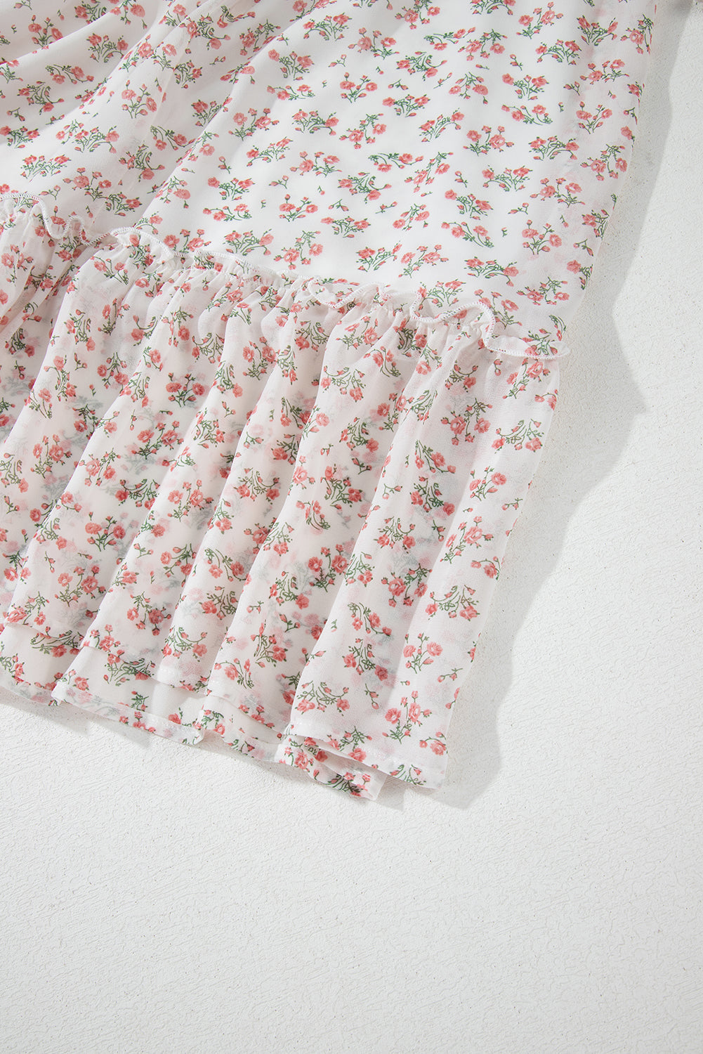 white floral print shirred ruffled hem square neck midi dress