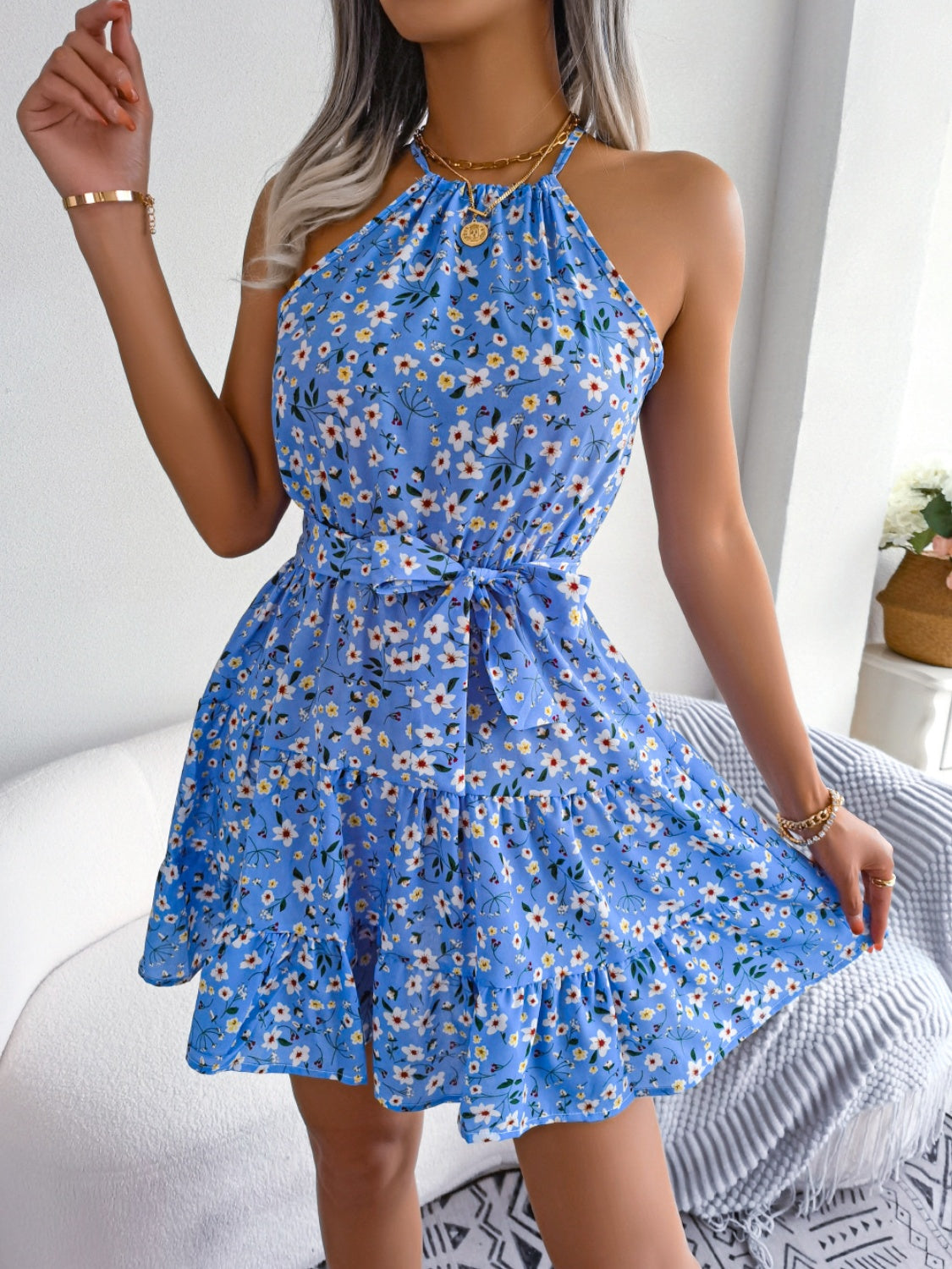 tied printed grecian neck mini dress