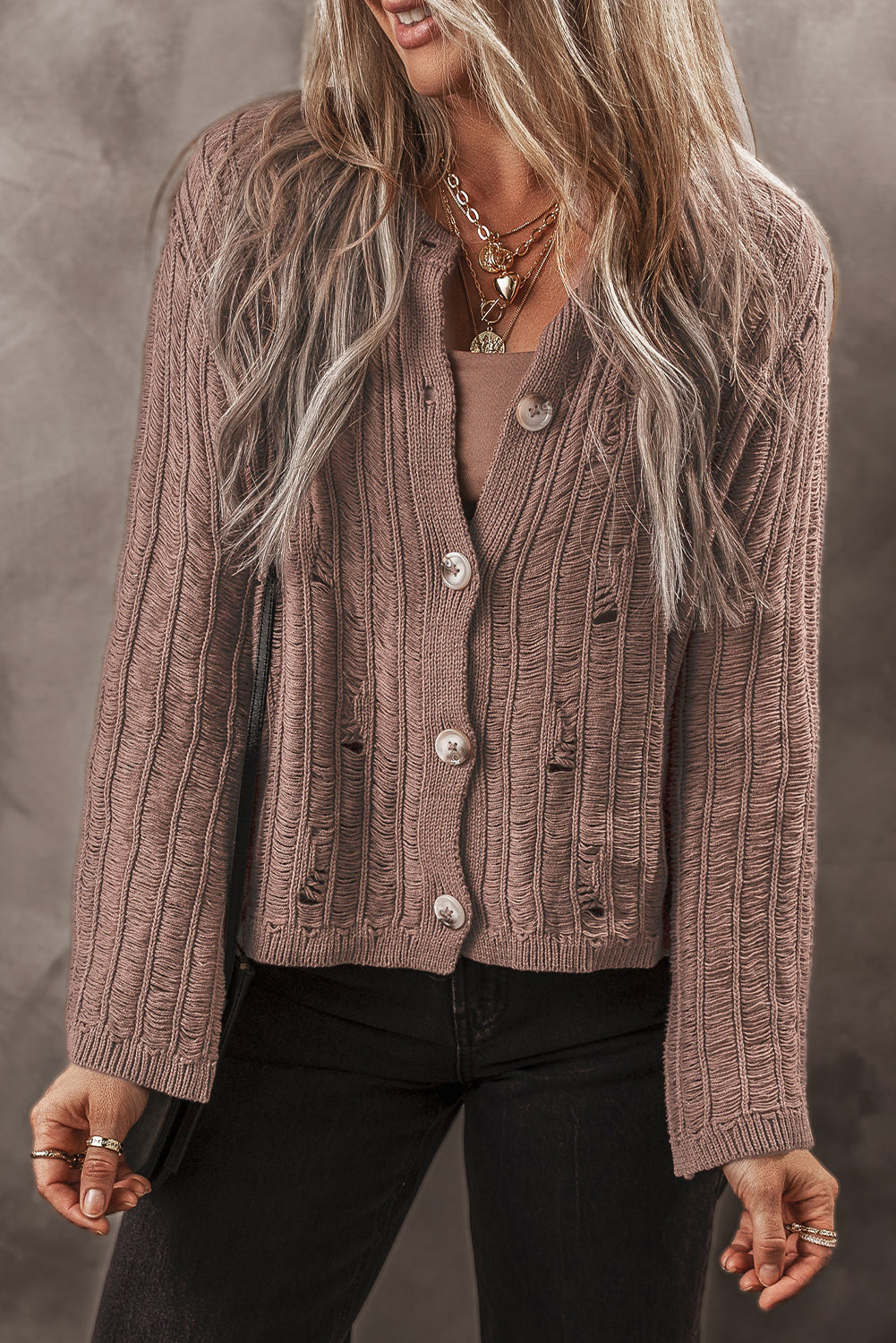 goat cut out textured knit buttoned cardigan