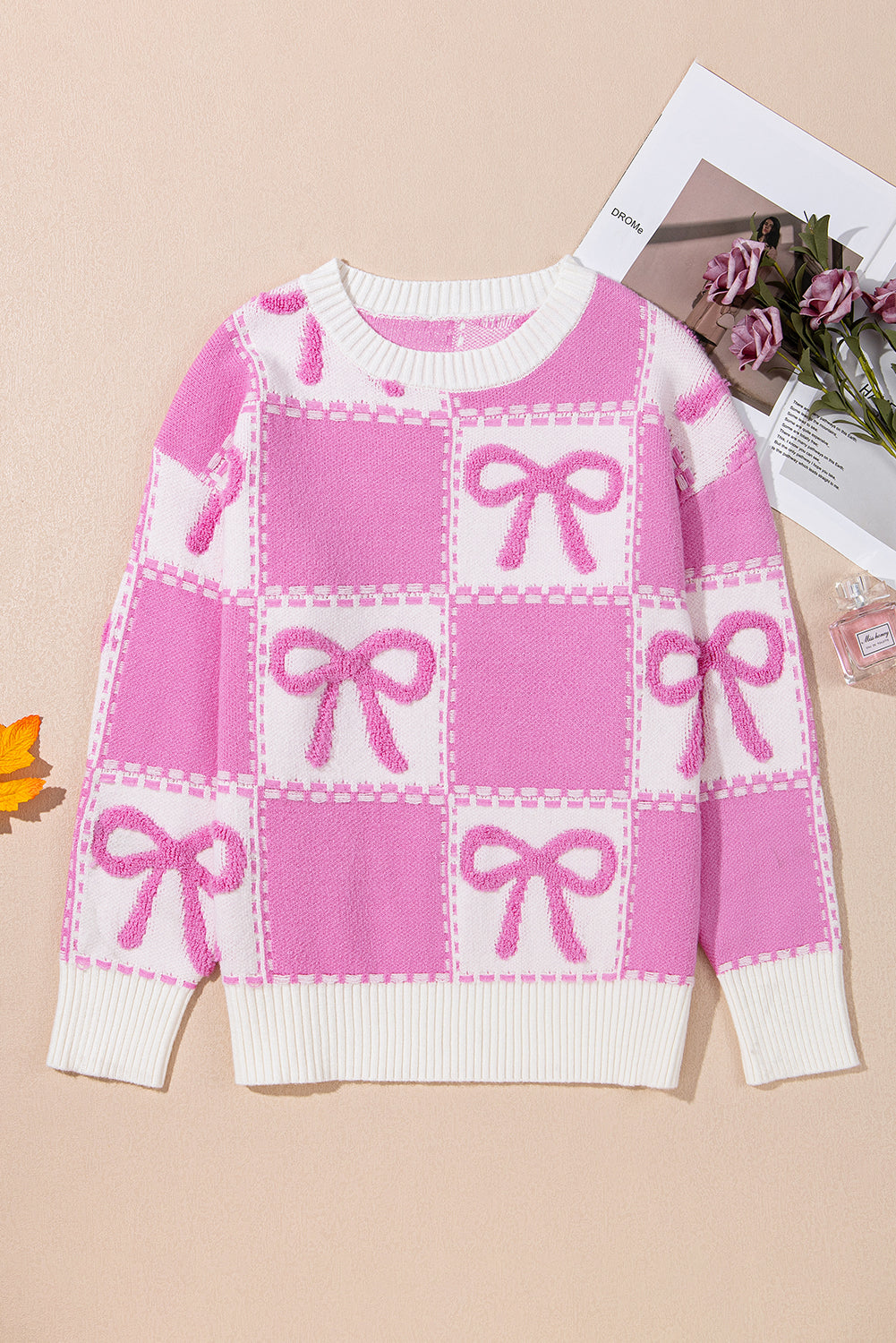 pink bow knot two tone checkered crew neck sweater