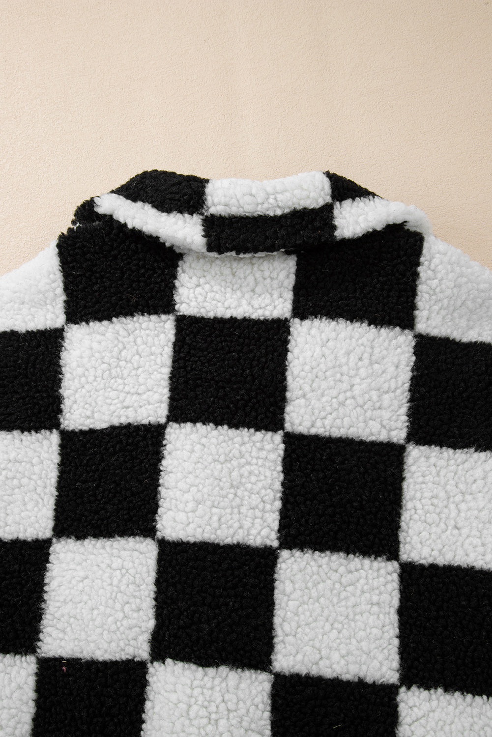 black checkered side pockets collared buttoned fleece jacket
