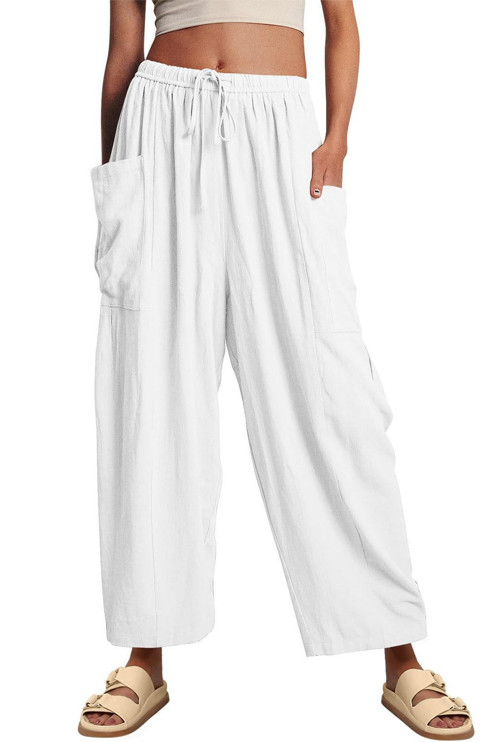 full size pocketed drawstring wide leg pants