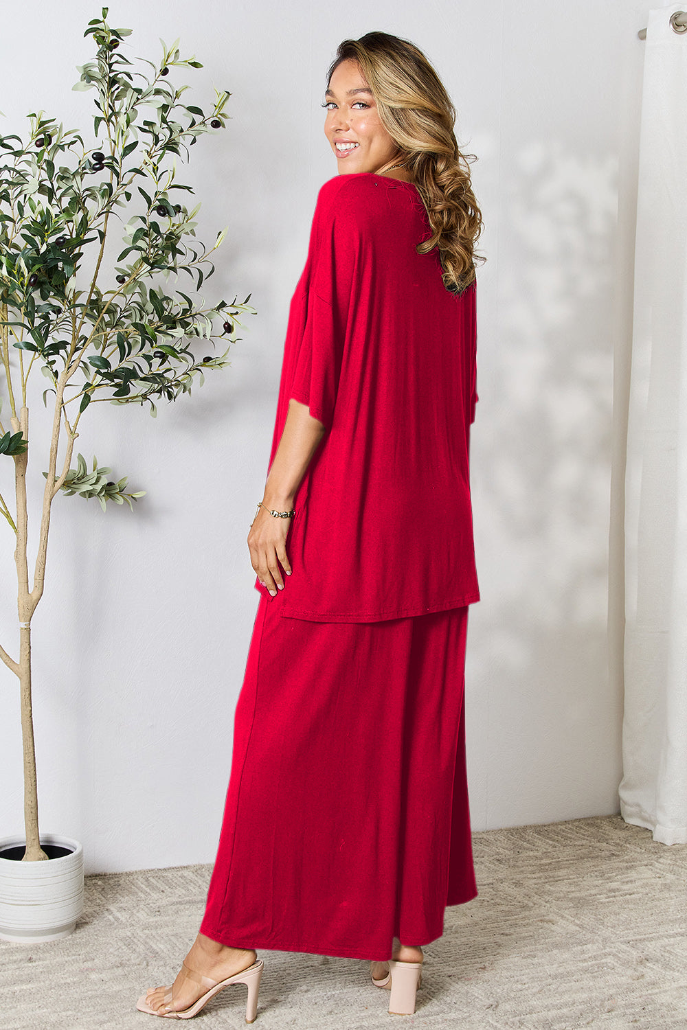 double take full size round neck slit top and pants set