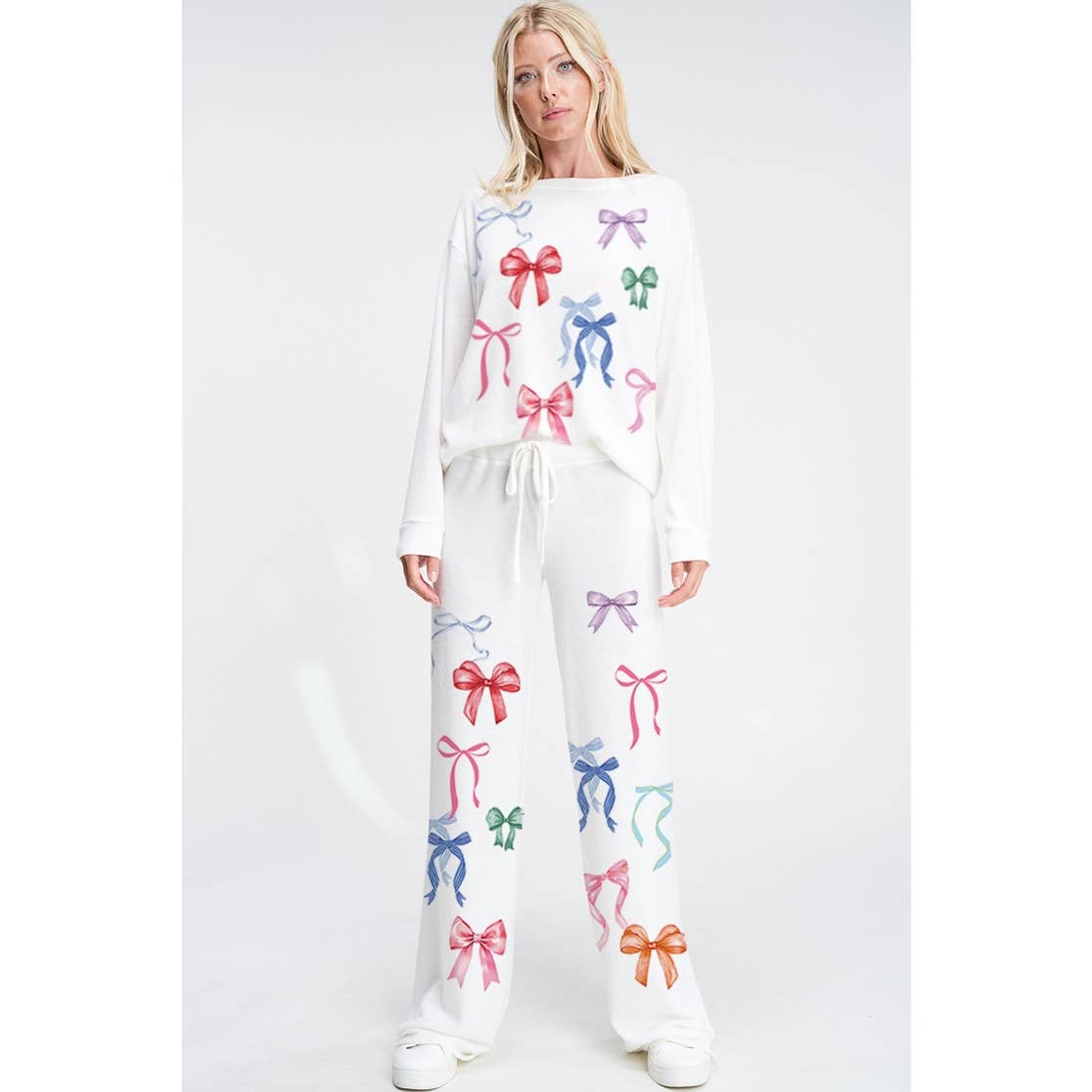 colorful bow allover print soft loungewear set