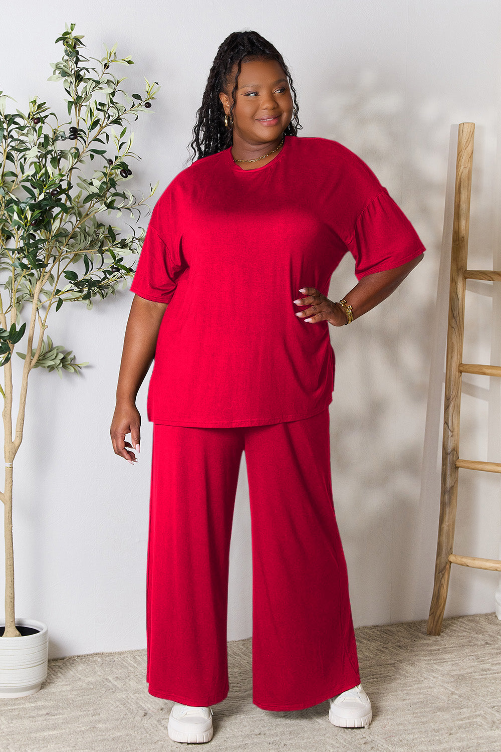 double take full size round neck slit top and pants set
