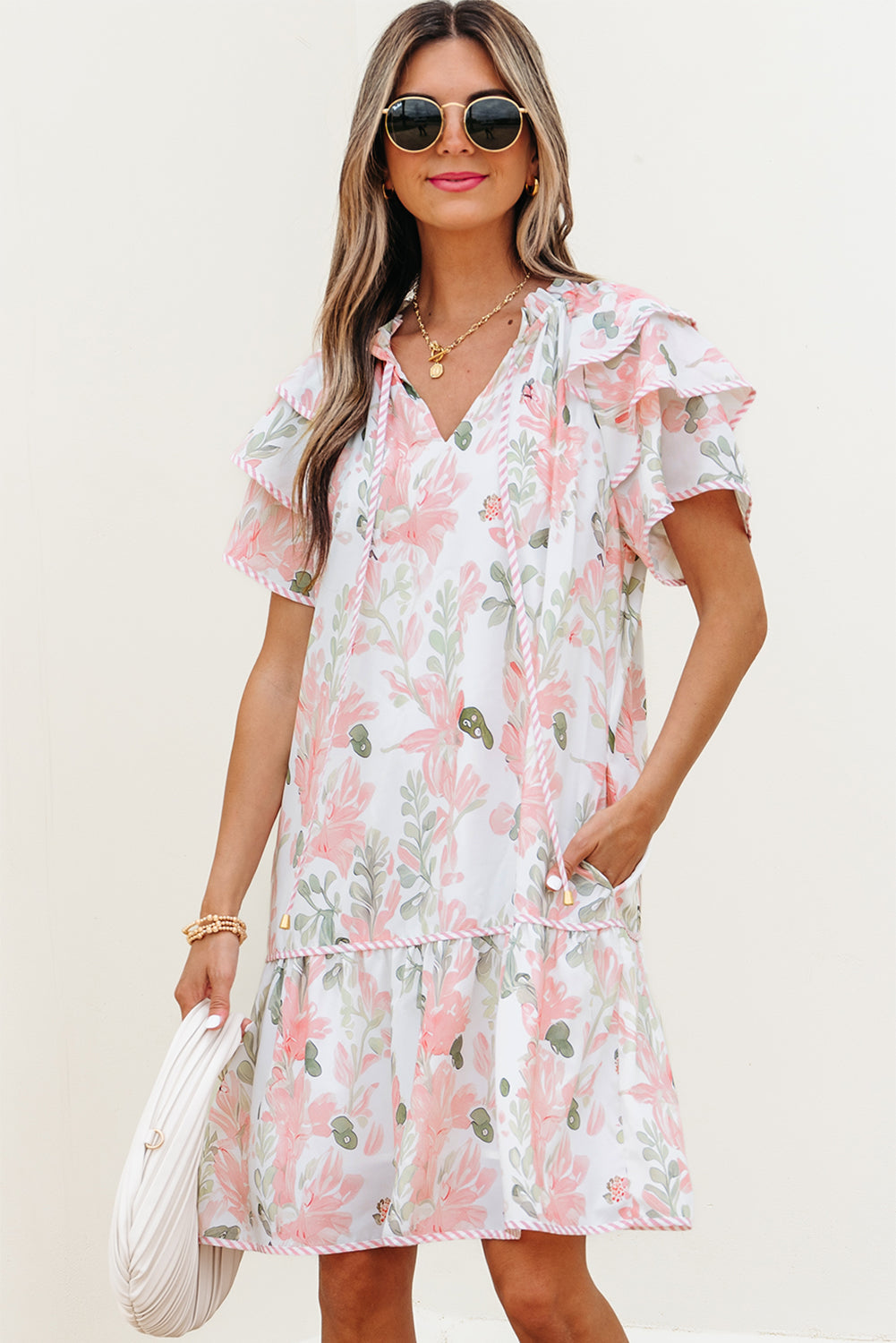 pink floral contrast edge layered short sleeve mini dress