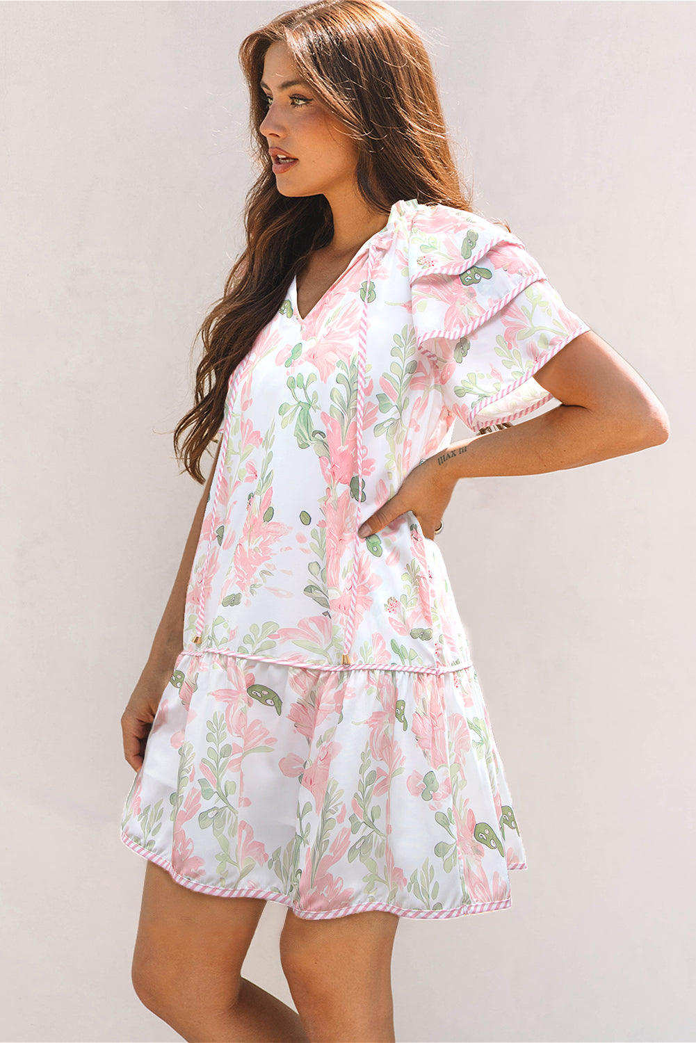 pink floral contrast edge layered short sleeve mini dress