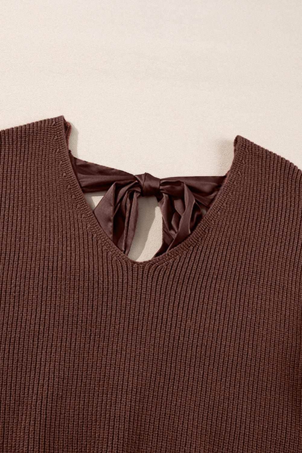 coffee lantern sleeve v neck knot back sweater