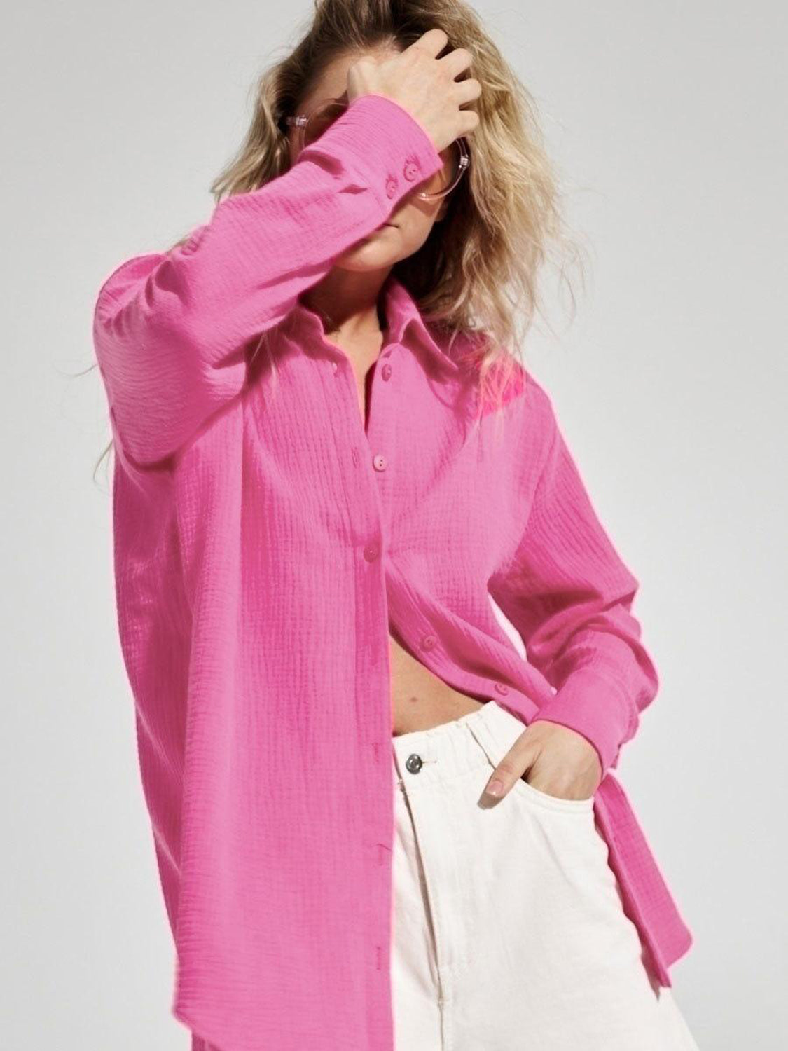 textured collared neck long sleeve shirt