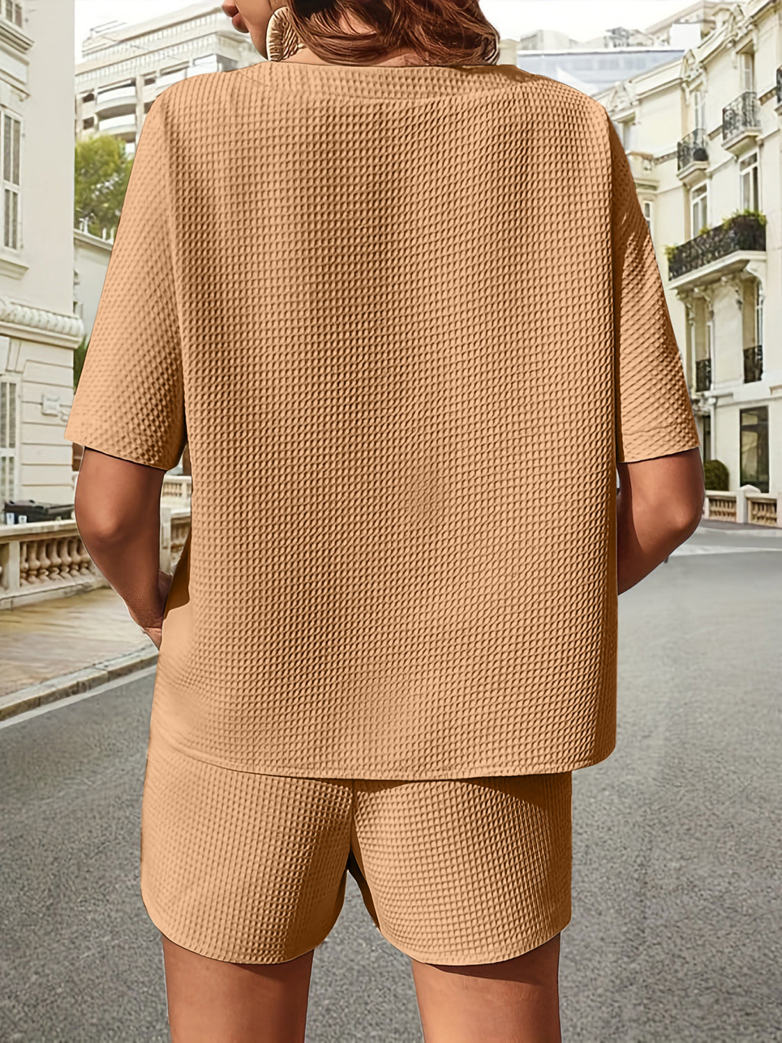 waffle-knit half sleeve top and shorts set