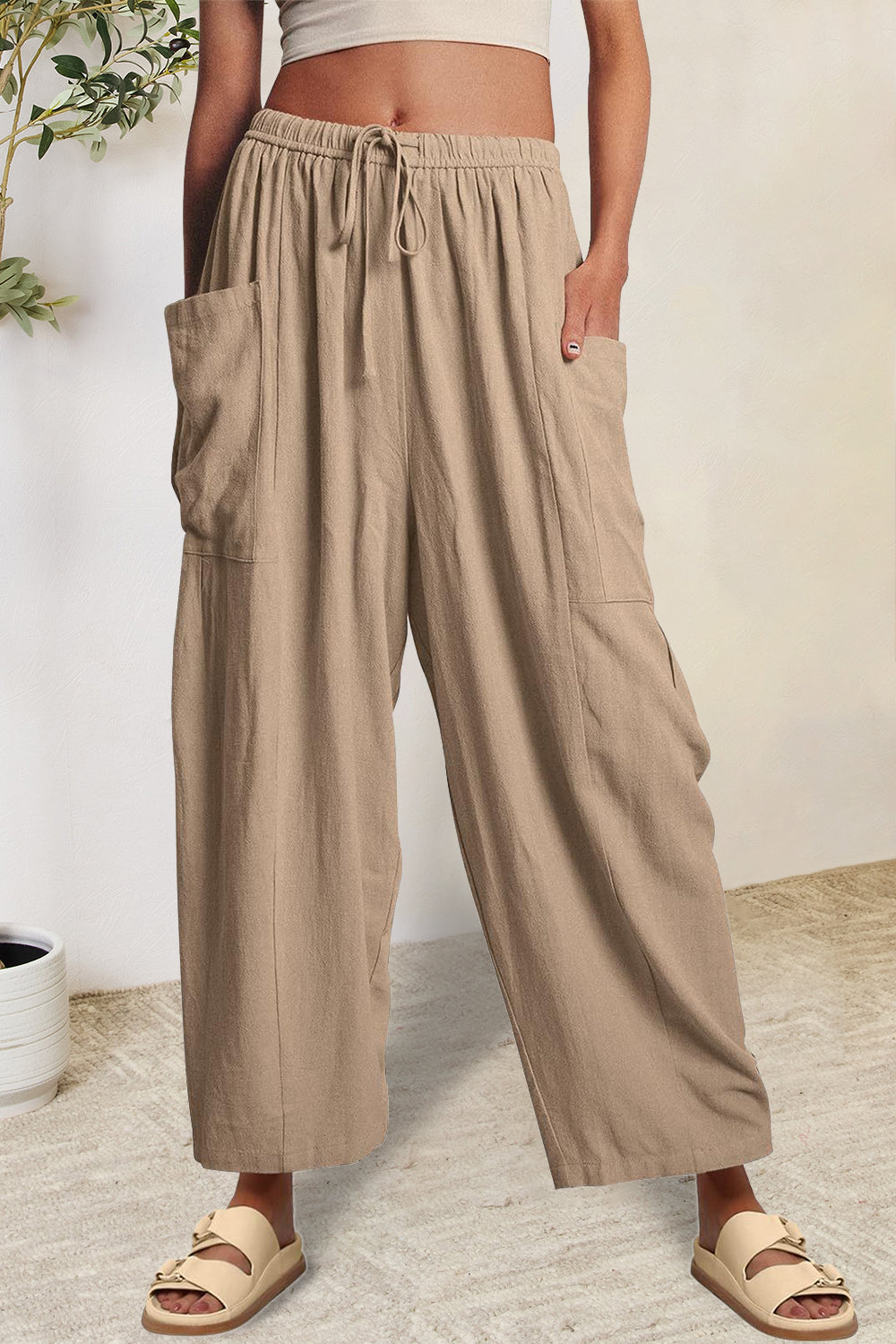 full size pocketed drawstring wide leg pants