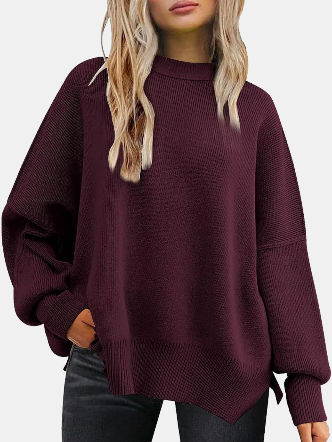 round neck drop shoulder slit sweater