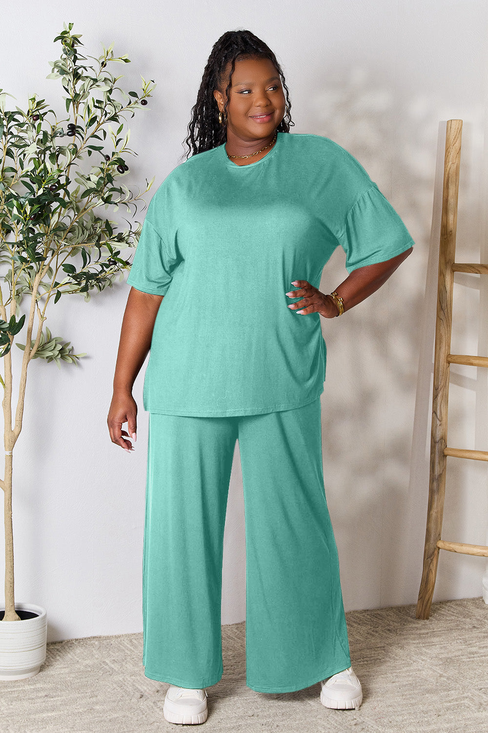 double take full size round neck slit top and pants set