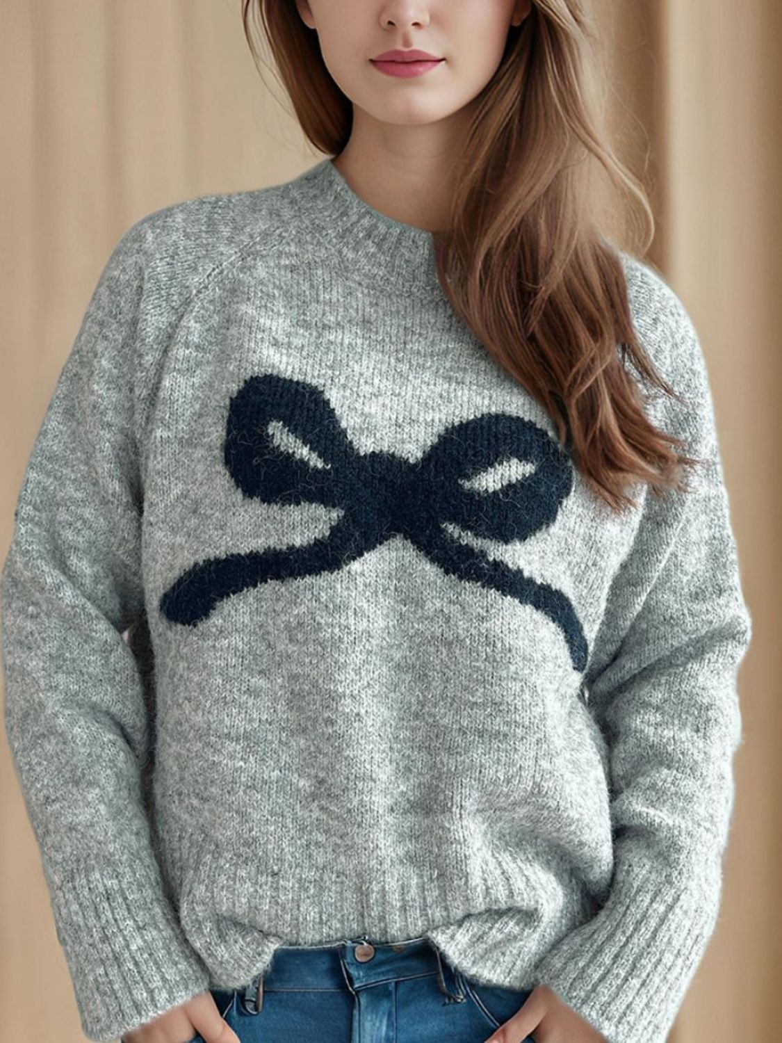 bow round neck long sleeve sweater