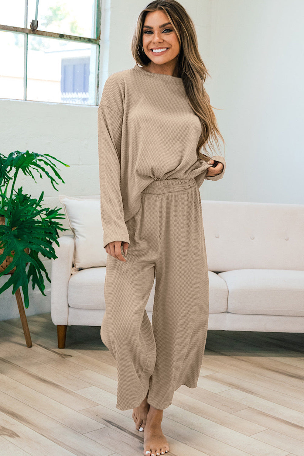 smoke gray loose textured pullover and pants outfit