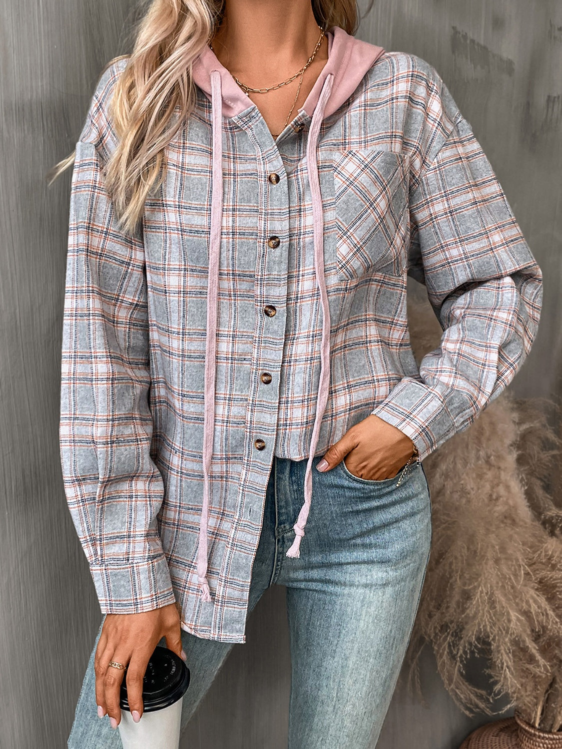 plaid long sleeve hooded jacket
