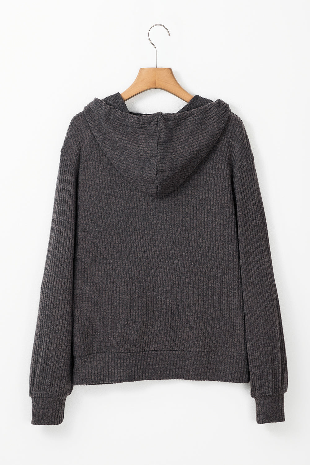 dark grey ribbed zip up front drawstring hoodie