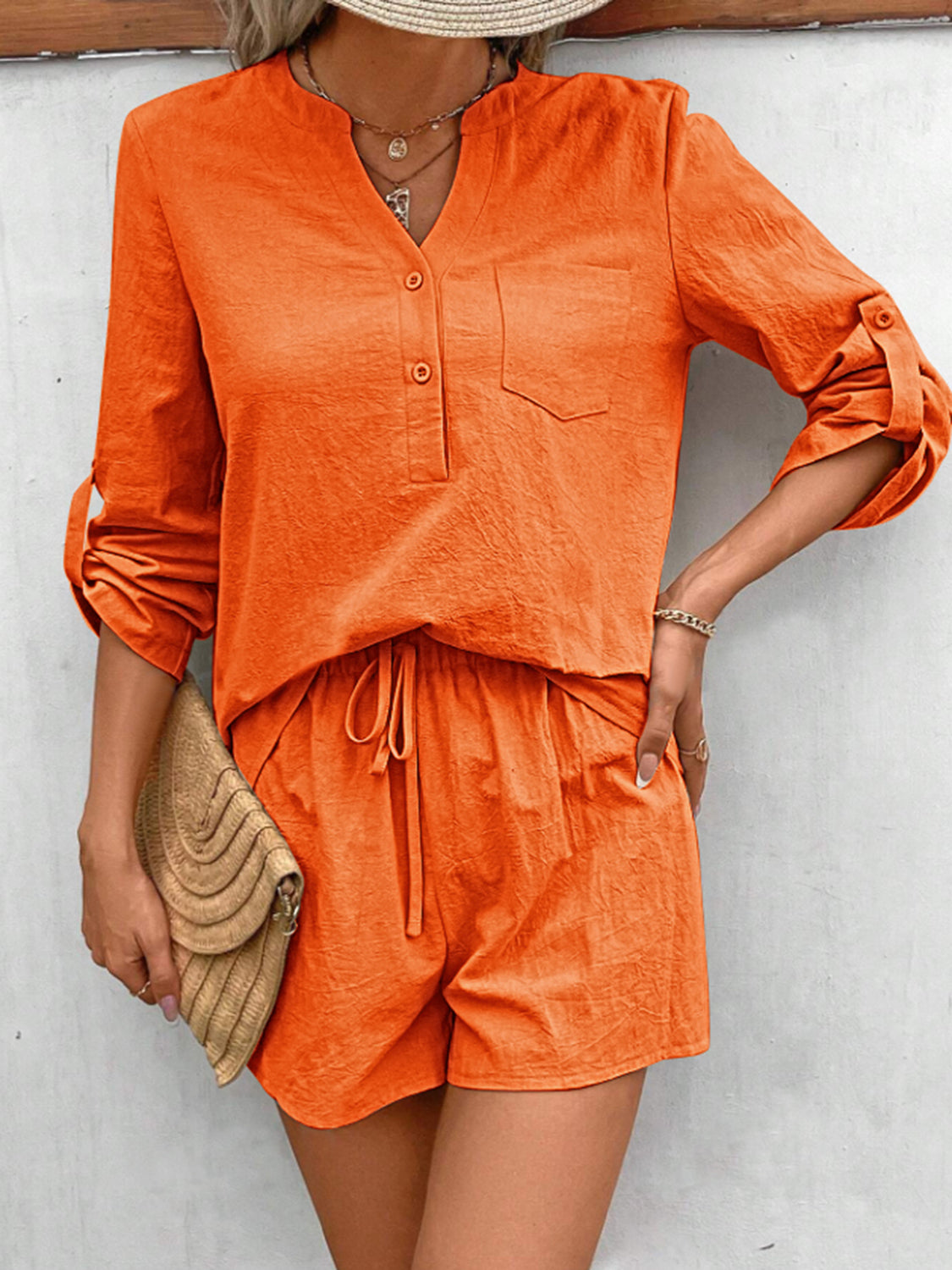 notched long sleeve top and shorts set
