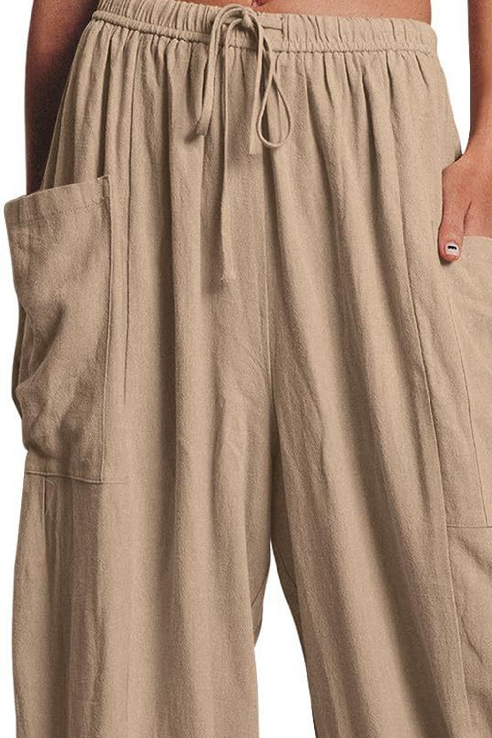 full size pocketed drawstring wide leg pants