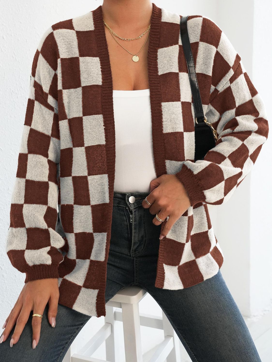 checkered open front long sleeve cardigan