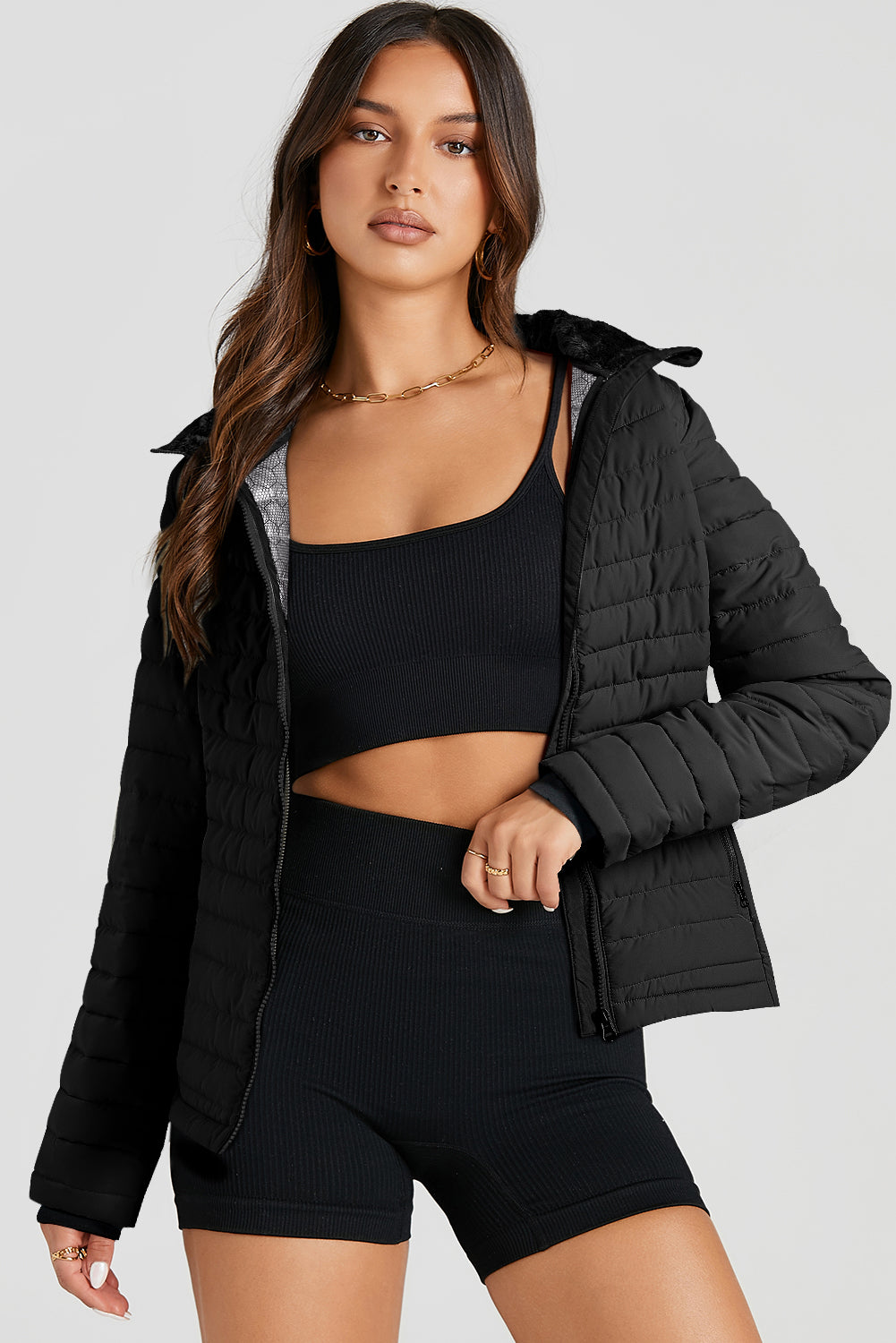 black solid color quilted zip-up puffer jacket