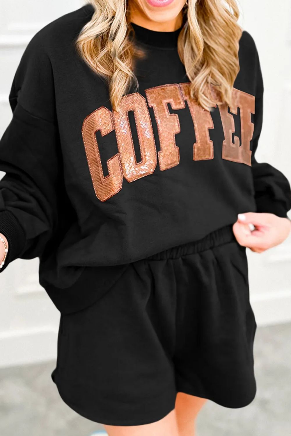 coffee sequin round neck long sleeve top and shorts set