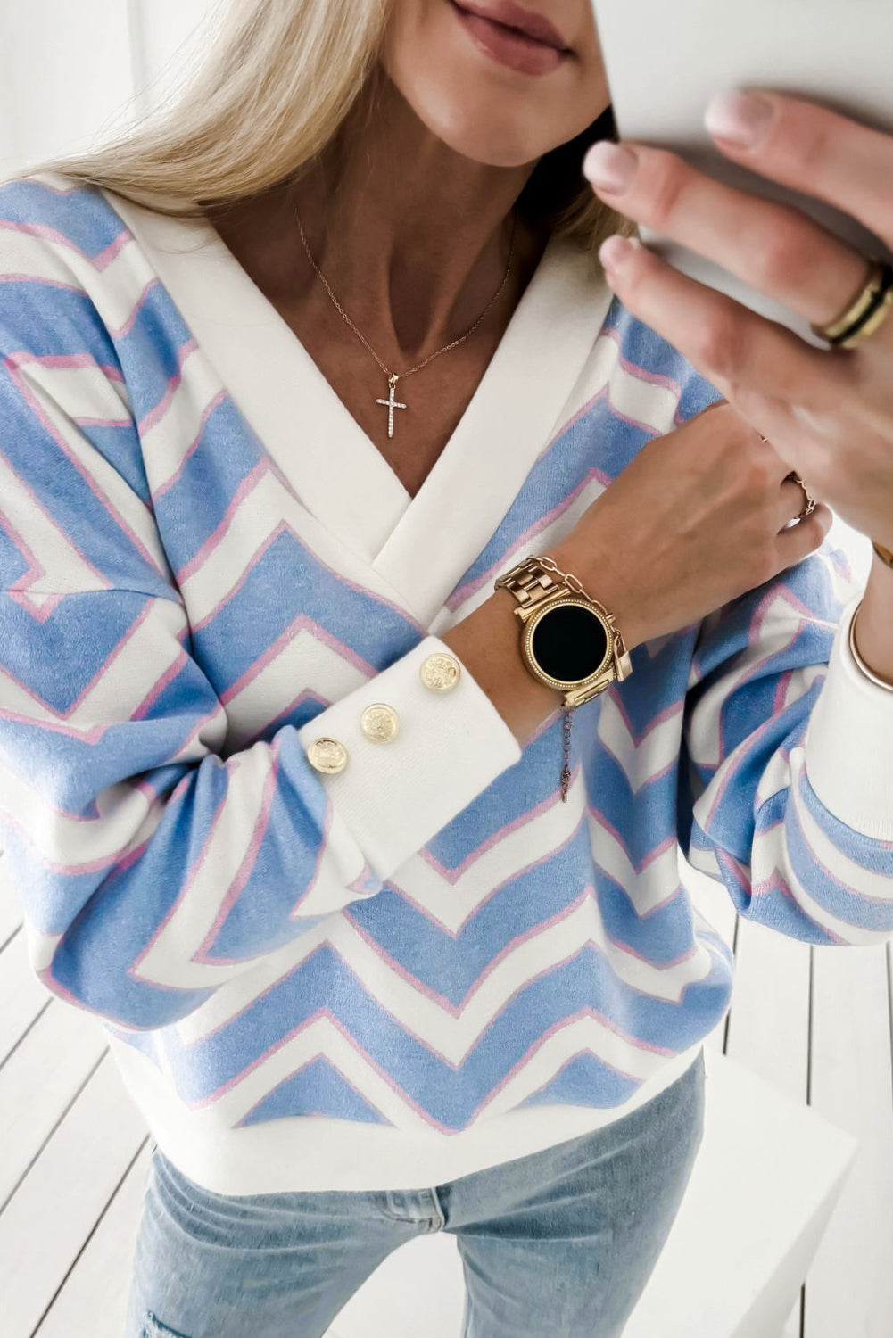 sky blue zigzag striped print v neck oversized top