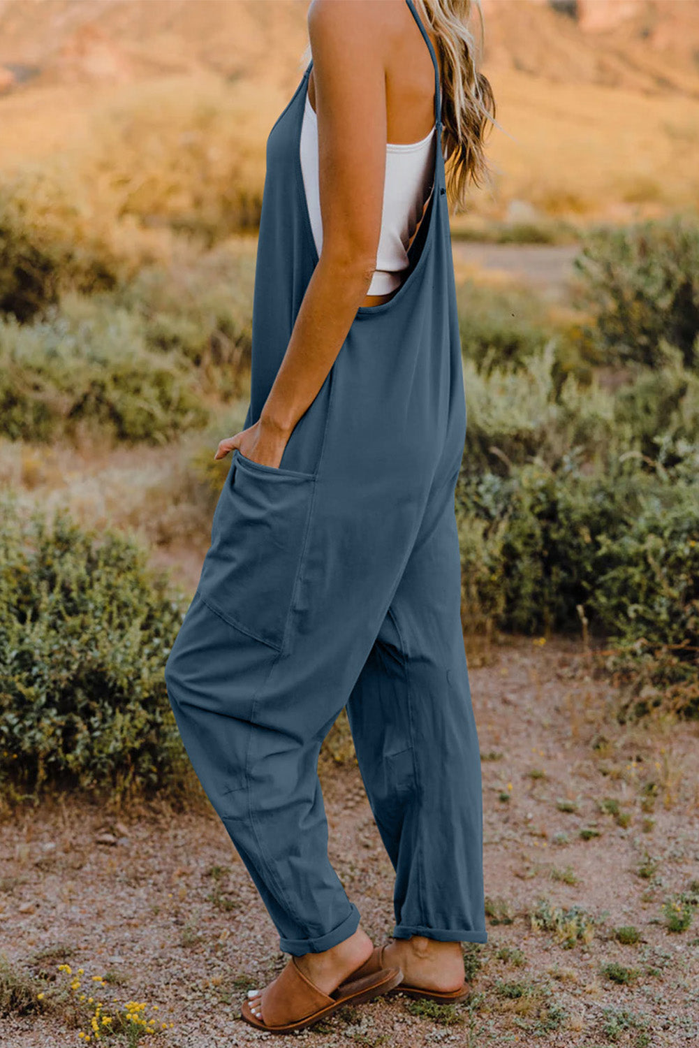 double take full size v-neck sleeveless jumpsuit with pockets
