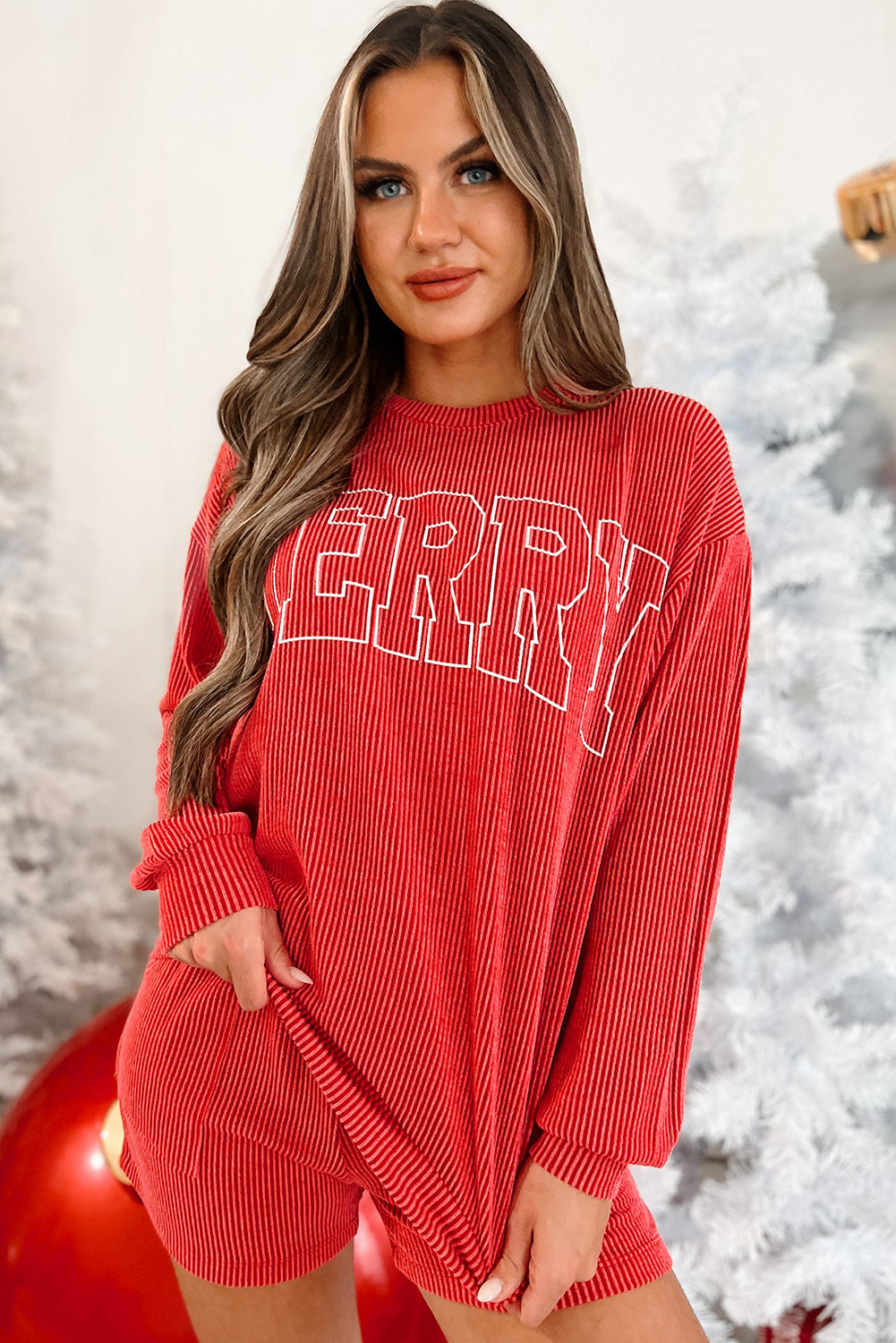 racing red corded merry graphic long sleeve top and shorts set