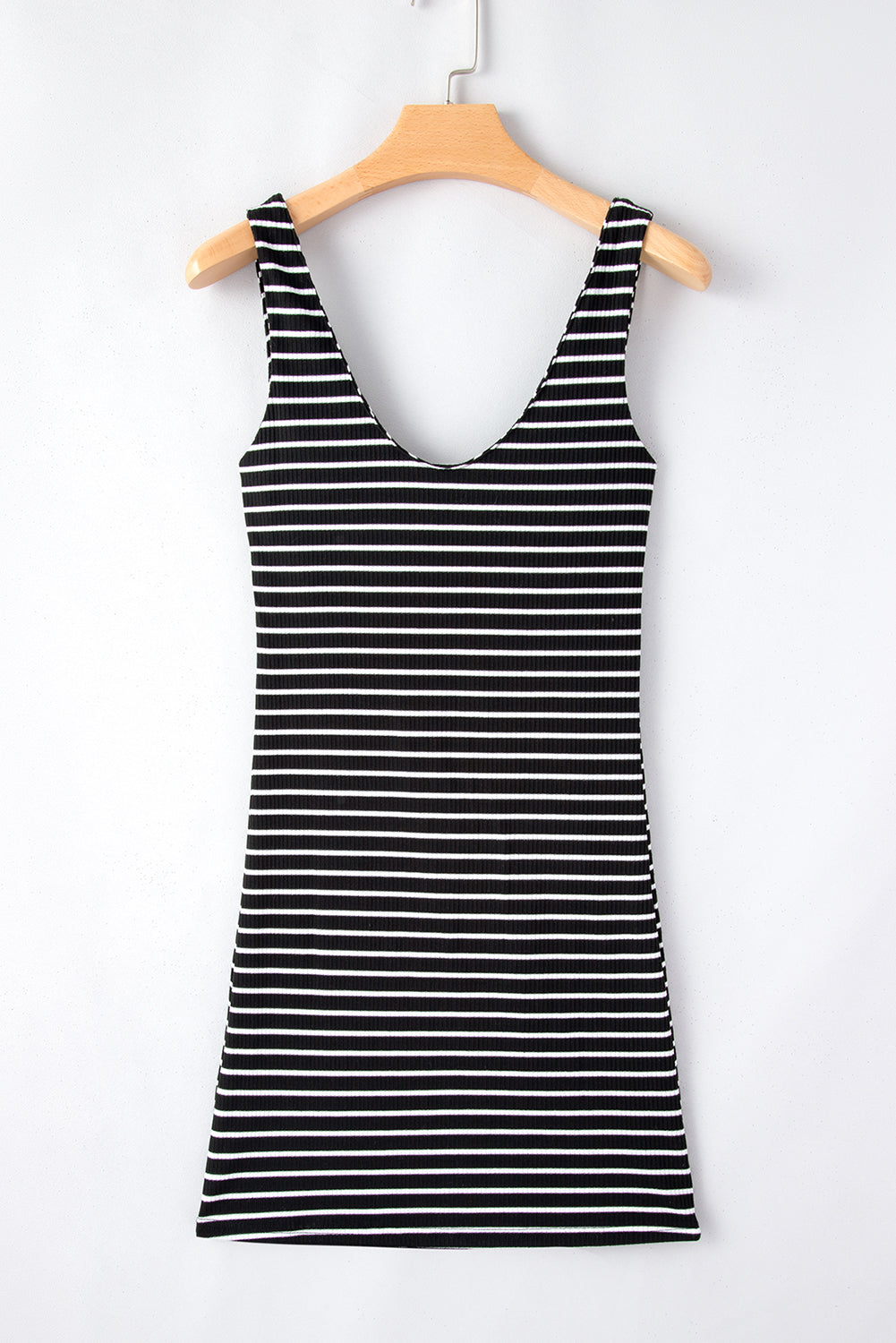 black stripe ribbed knit sleeveless mini dress