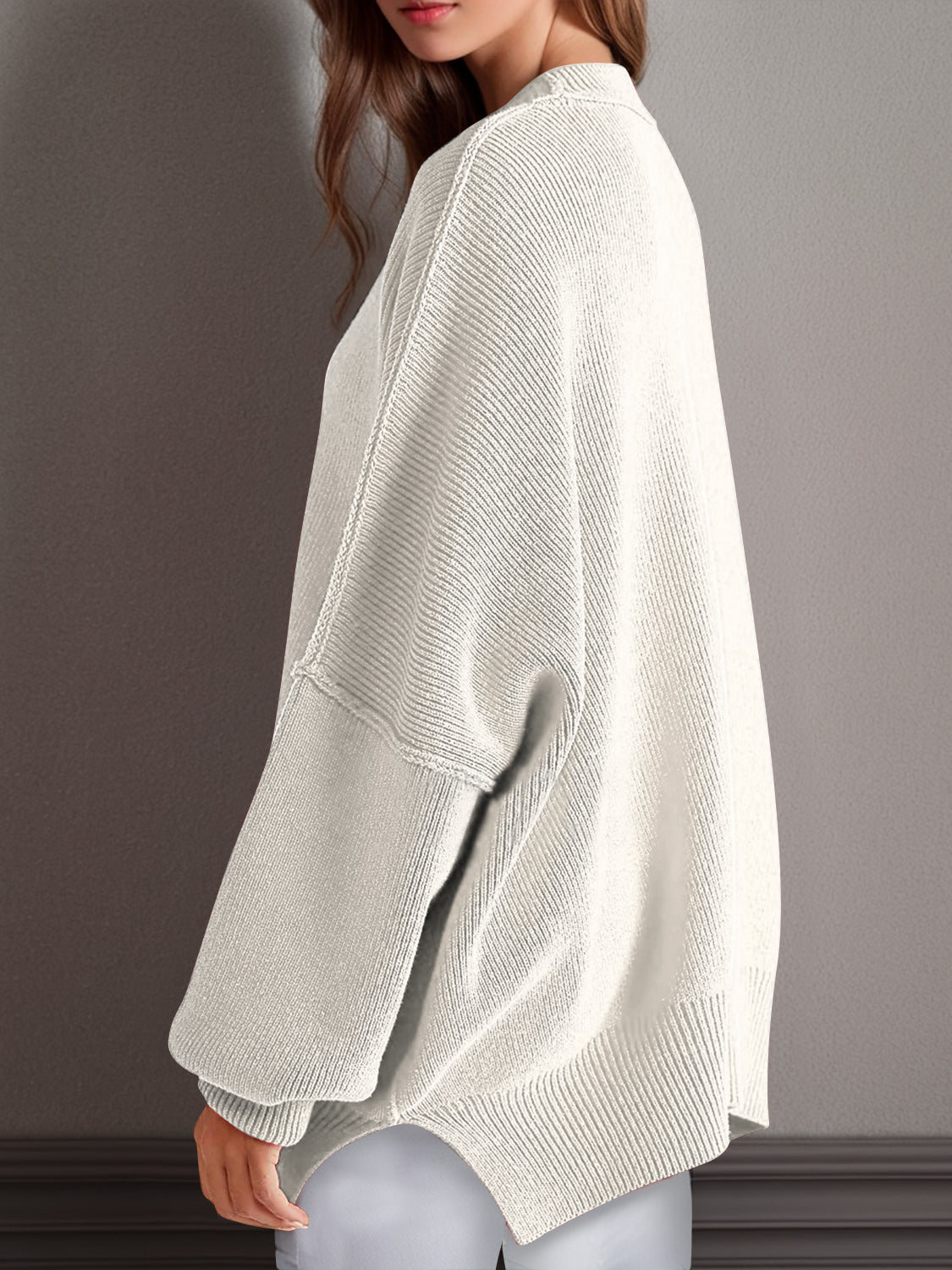 double take side slit round neck long sleeve sweater