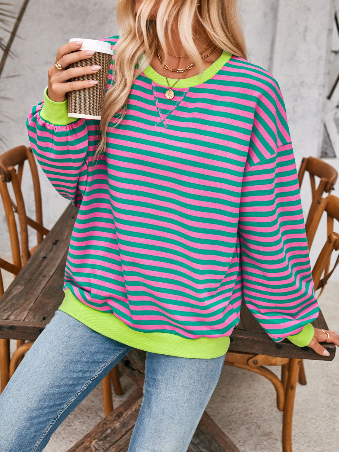 contrast striped long sleeve sweatshirt