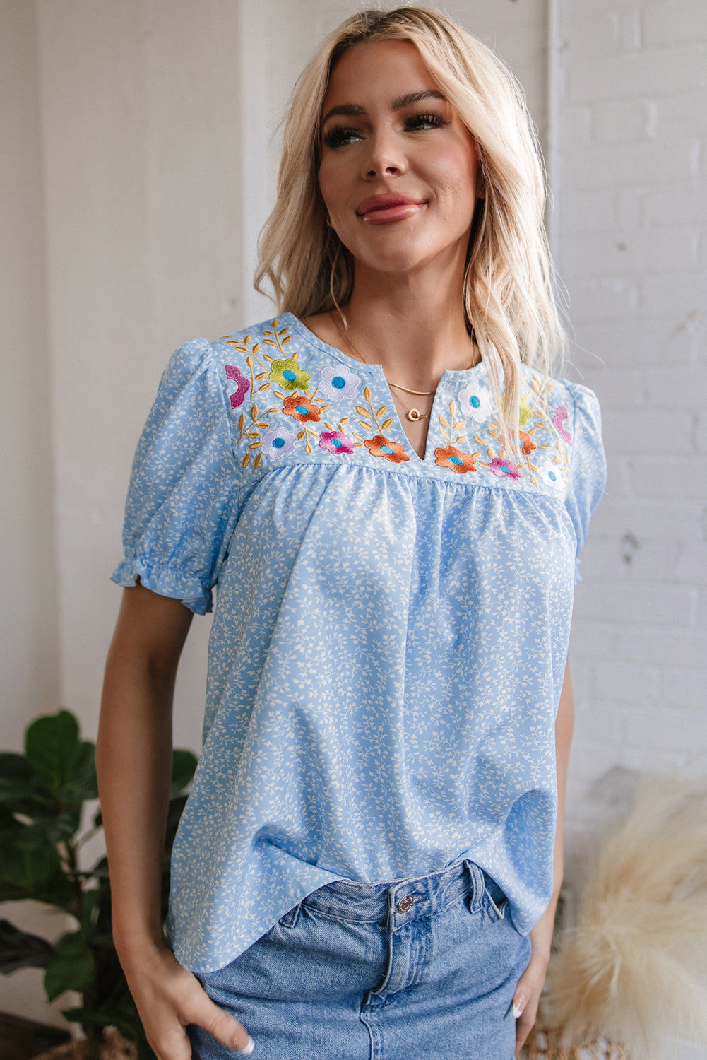 sky blue floral embroidered puff sleeve notched v neck blouse
