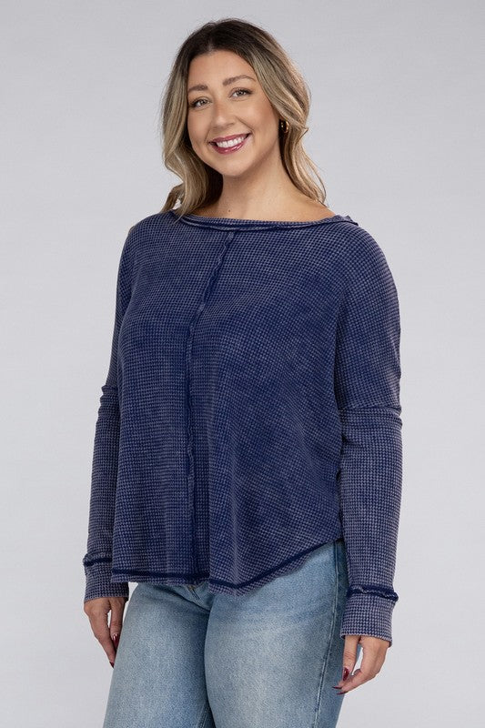 plus washed baby waffle oversized long sleeve top